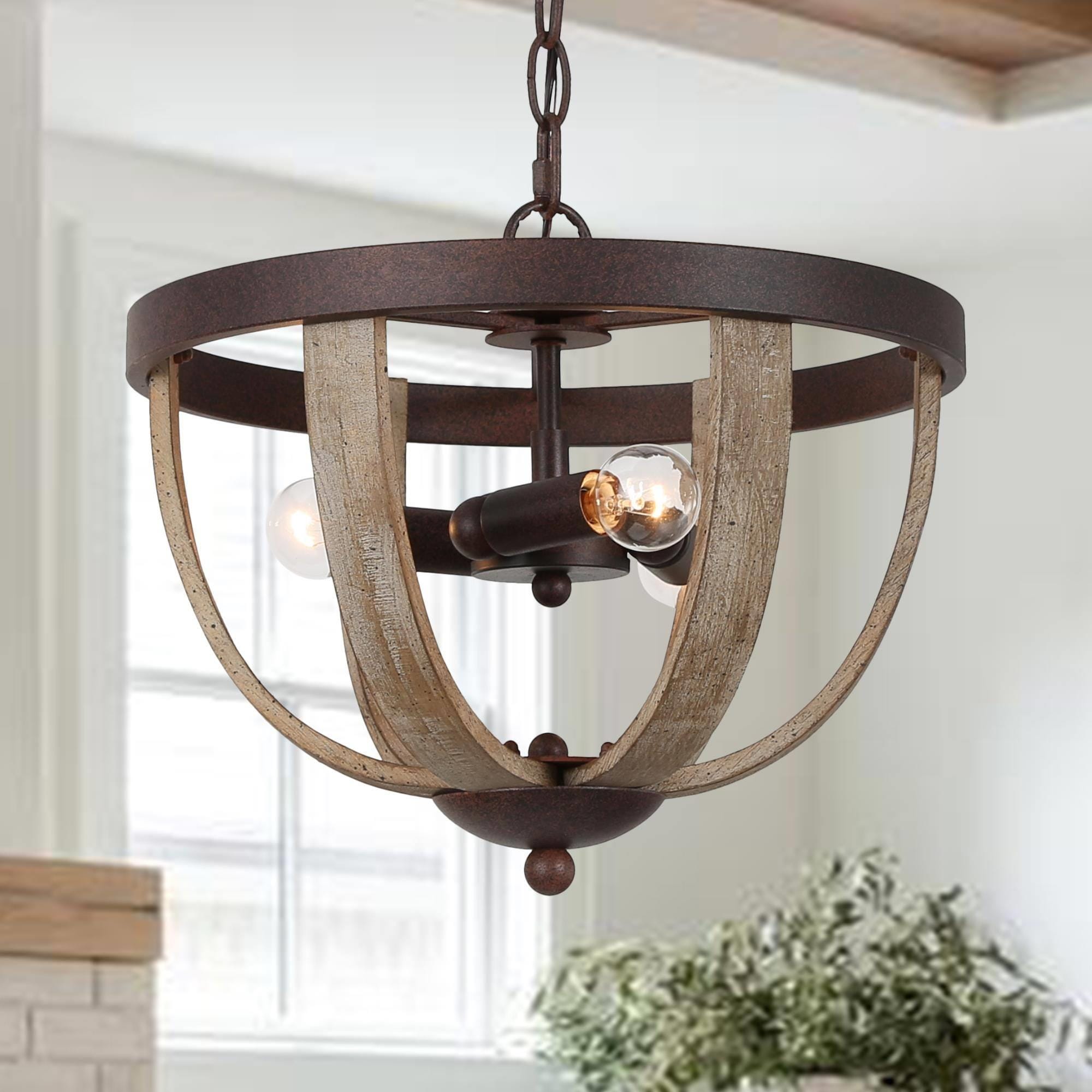 LNC RQM6NFLWS419067 Quaint 3 -Light Distressed Bronze and Antique Wood Farmhouse Dome Small Hanging Pendant light