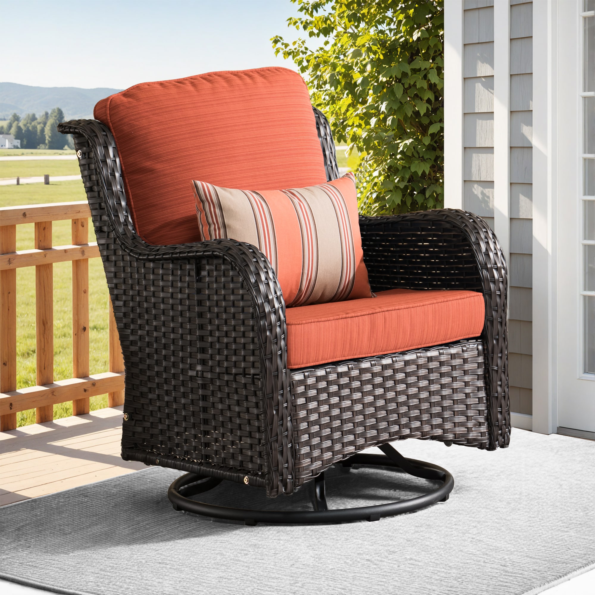 Pouuin SYZNTC801 Wicker Brown Metal Frame Swivel rocker Rocking Chair with Orange Cushioned Seat