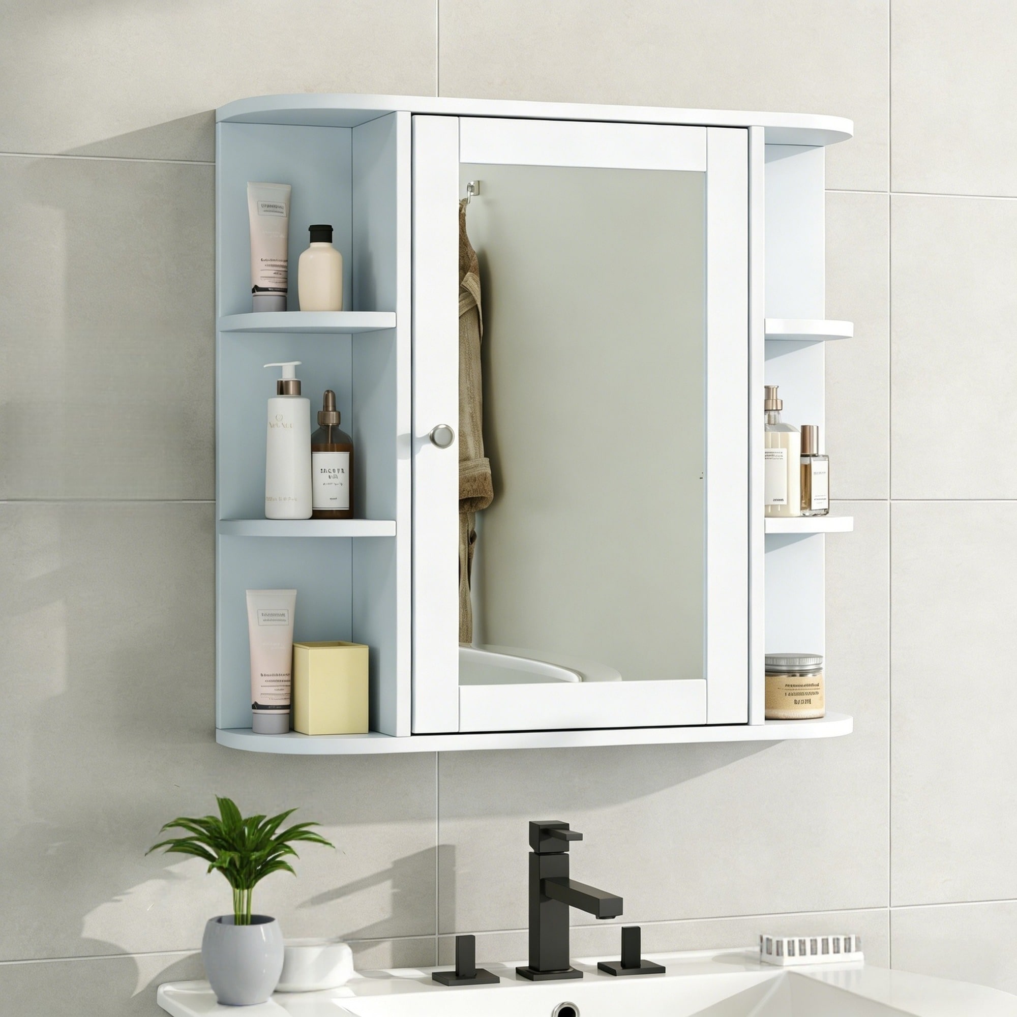 IAK 26 inch x 25 inch White MDF Medicine Cabinet with Mirror and 6 Open Shelves