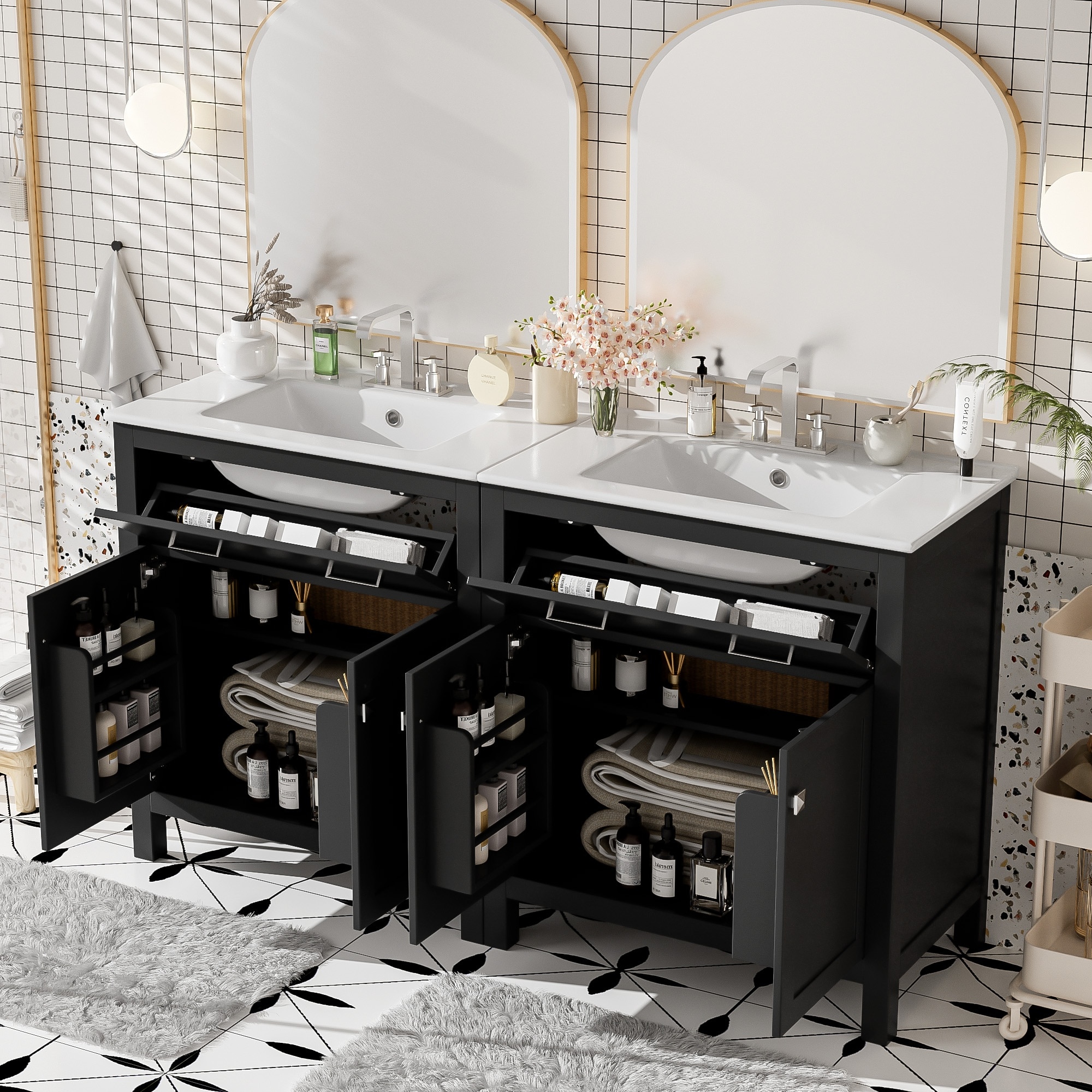 HyperDrop Cart 60 Inch Modern Bathroom Vanity Set with Double Vanities Separate Double Ceramic Sinks Adjustable Shelf Soft Close Doors and Flip Drawer Modern Bathroom Solution for Spacious Bathrooms Black #B-5X0R4S1I6S9X