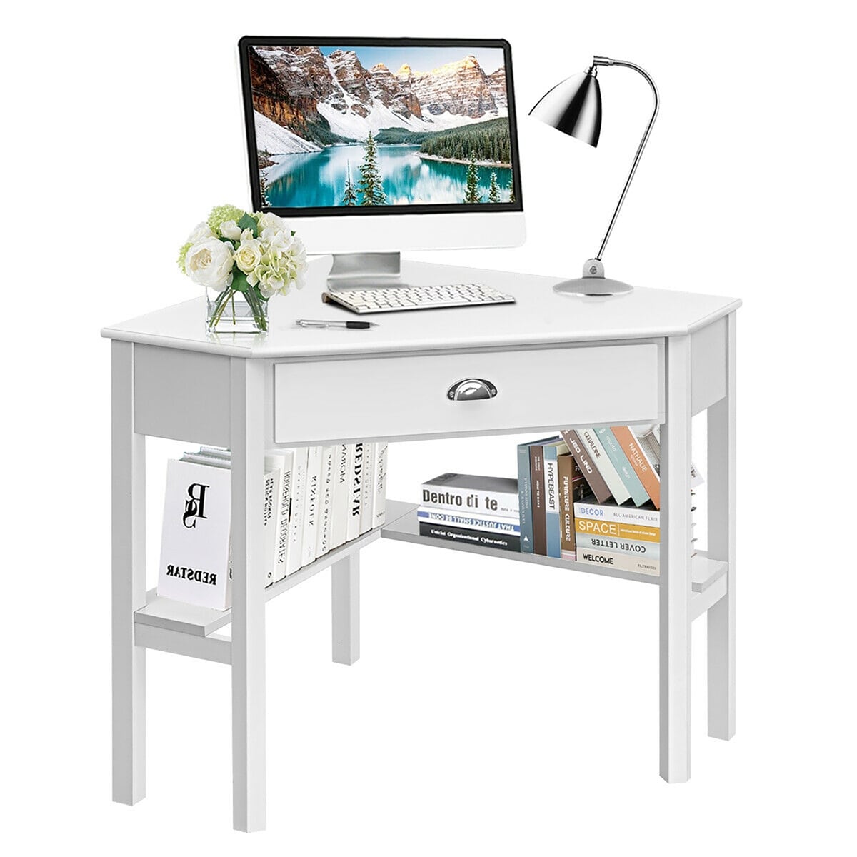 Costway HW53866WH Triangle Computer Desk Corner Office Desk Laptop Table w/ Drawer Shelves Rustic White