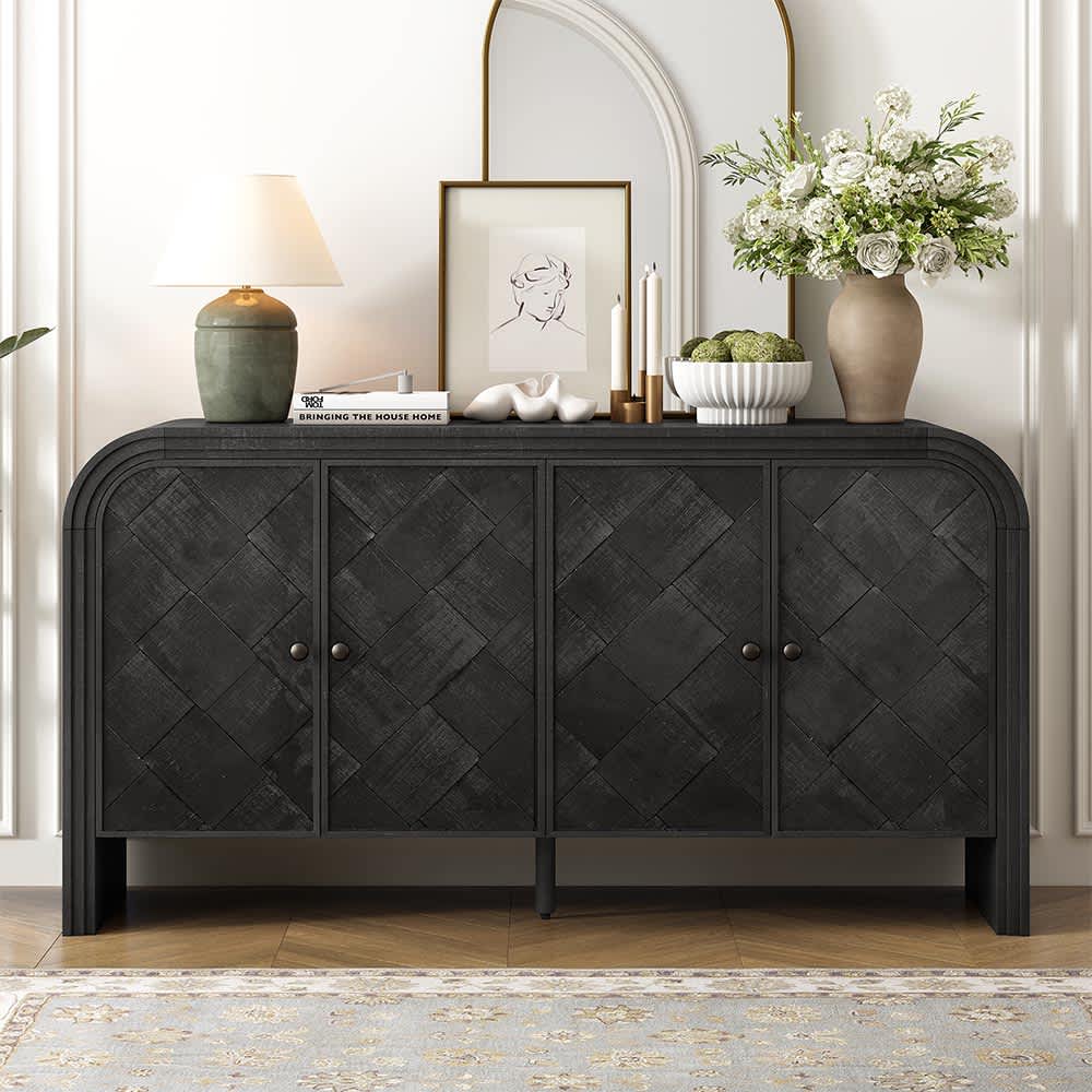 JUJABU ACCTCABINET-5 Black Luxury Multi-Functional Sideboard Tiered Stepped Design and Premium Solid Wood Veneer for Hallways
