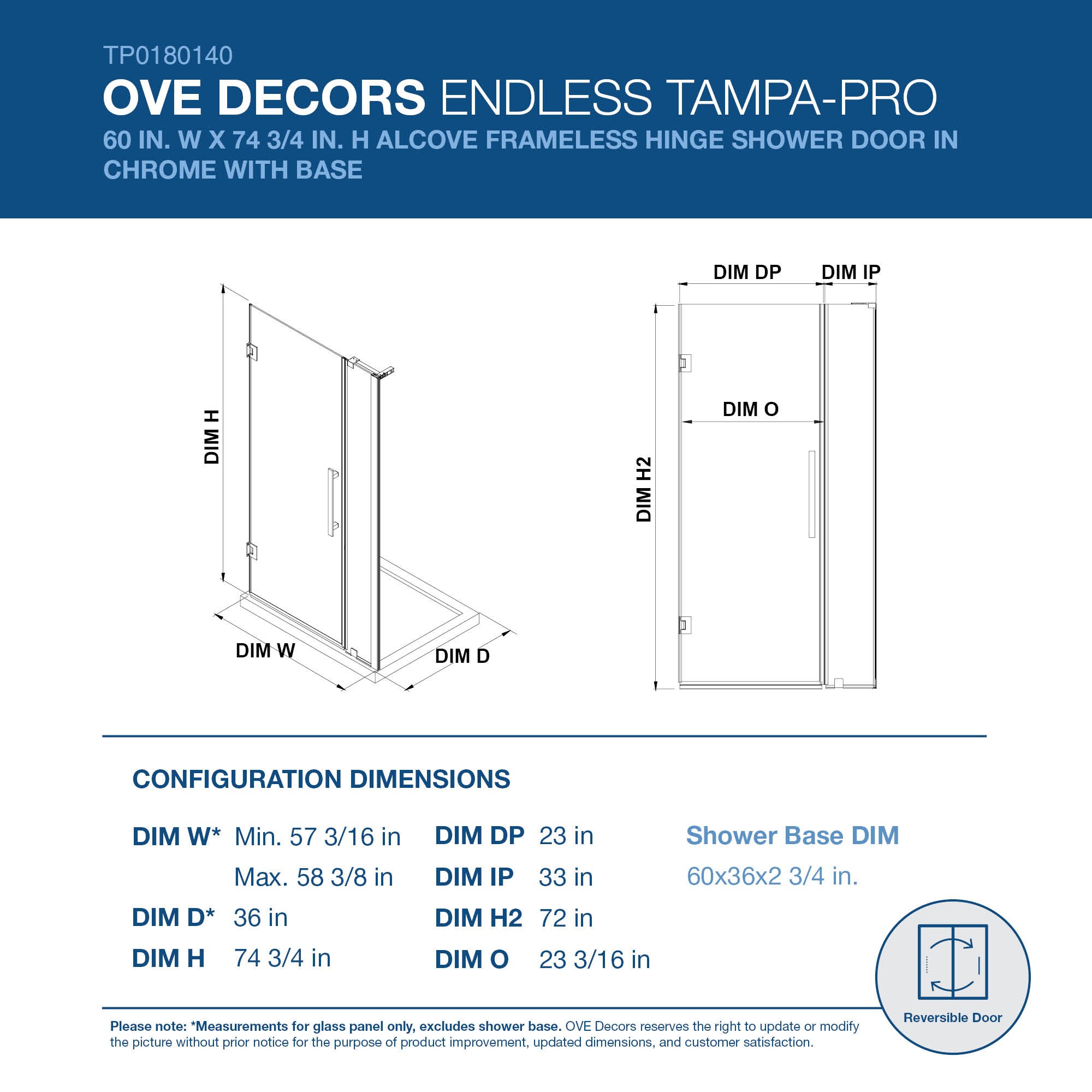 Endless Tampa-Pro 60'' Chrome Frameless Rectangle Shower Kit