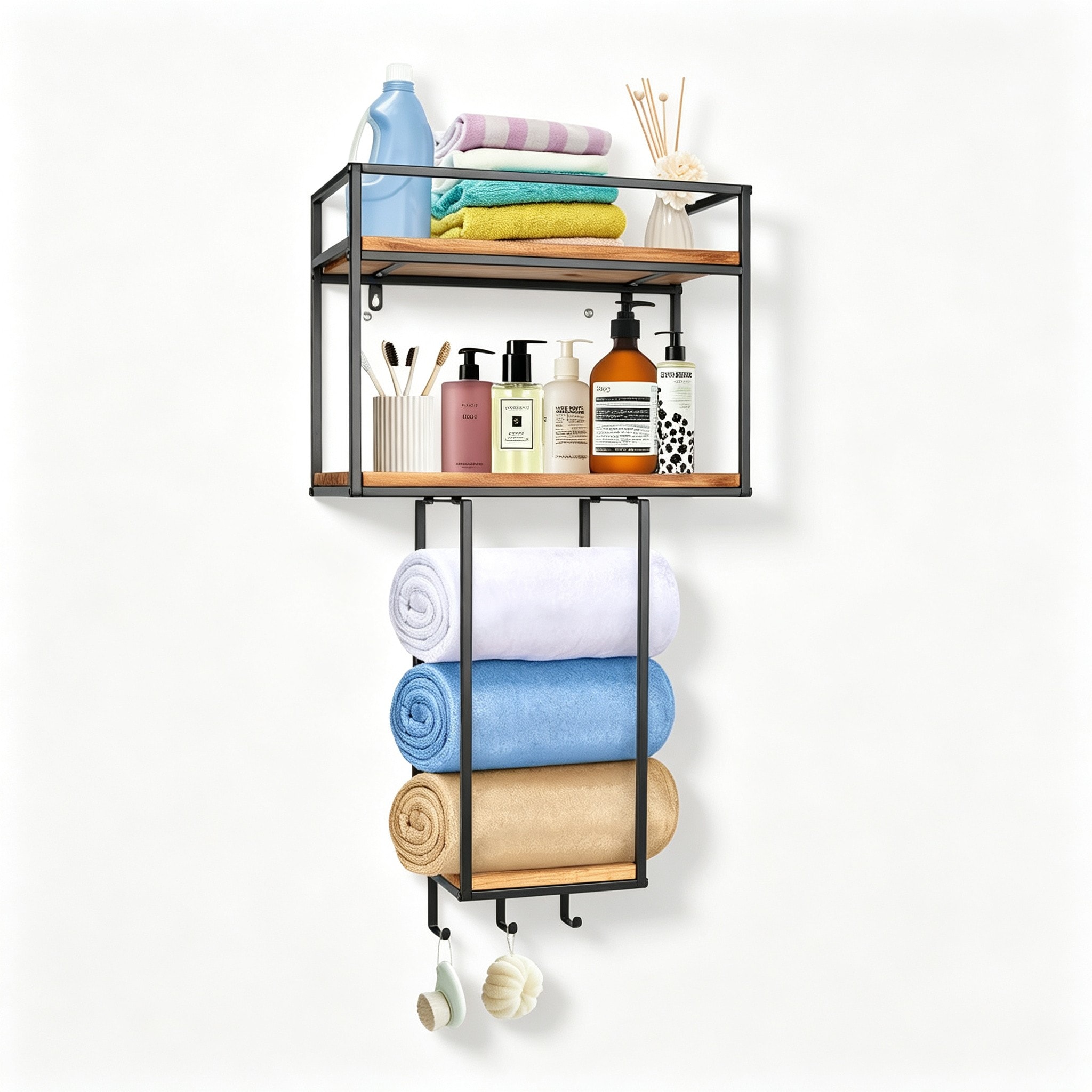 MOEPISY Wall Mounted Towel Rack with Shelf and 3 Hooks Space Saving Bathroom Organizer Metal and Natural Wood with Rust Resistant Finish for Small Bathroom Apartment RV Hotel and Spa