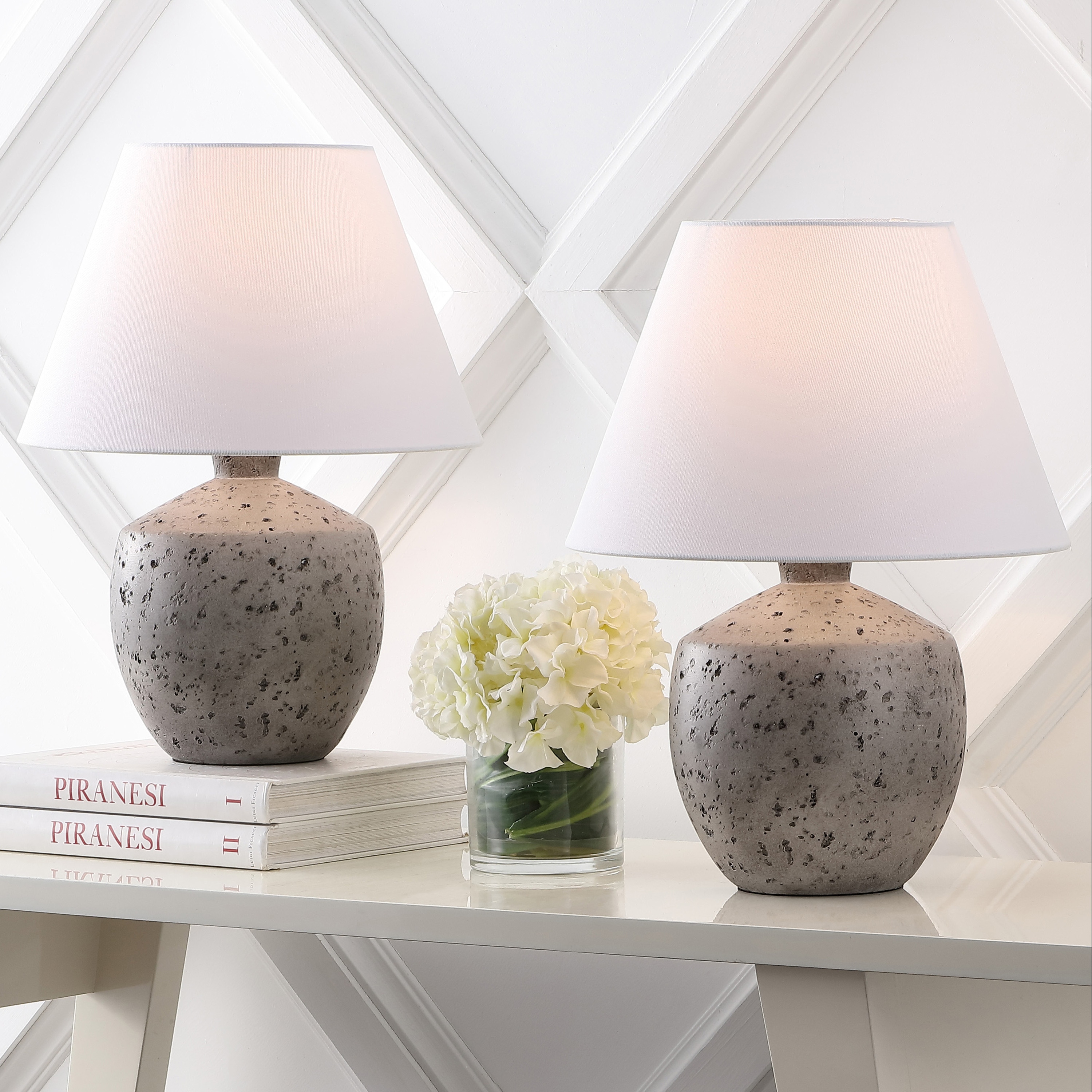 JONATHAN  Y JYL5606A-SET2 Myron Minimalist Scandinavian Concrete Effect Resin/Iron 18-in Antique Gray LED Rotary socket Table Lamp with Linen Shade 2 -Set