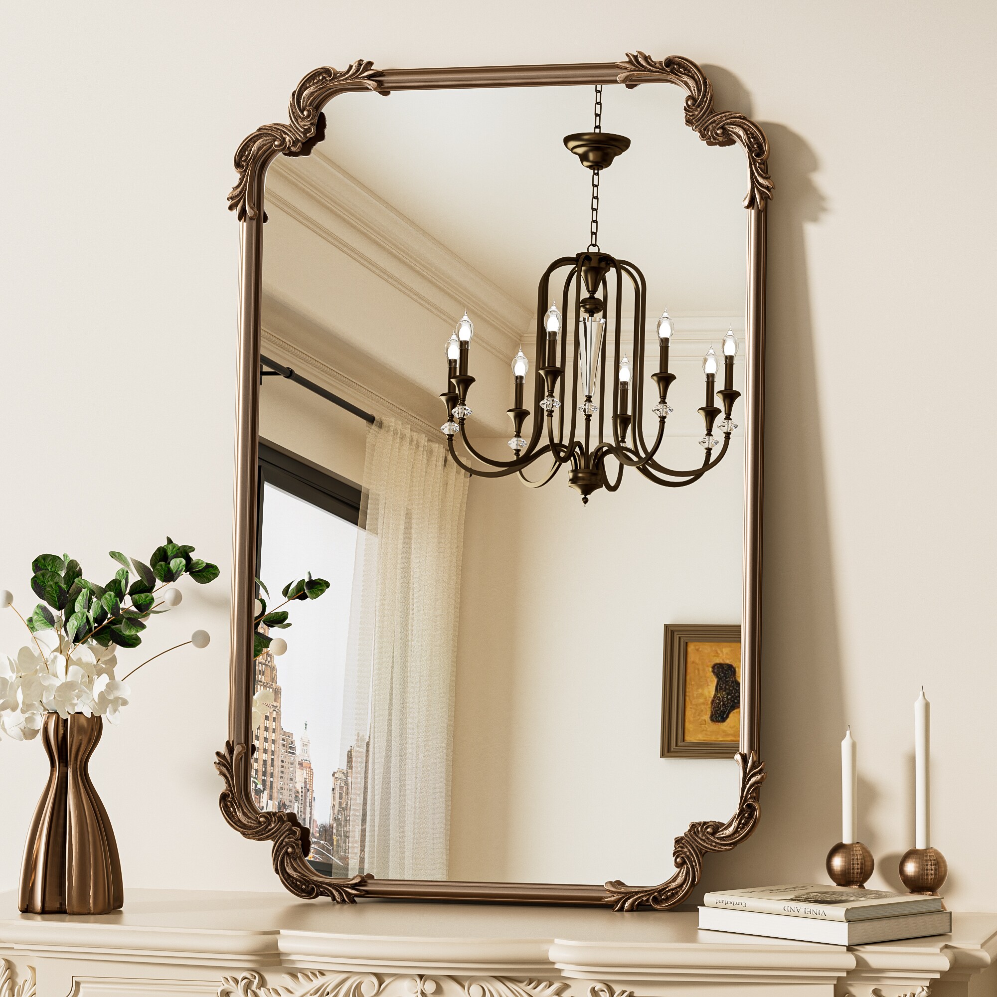 Keonjinn LW-ZSJ-FAQ-6091-GD Decorative Mirror 24-in W x 36-in H Rectangle Distressed Gold Framed Wall Mirror