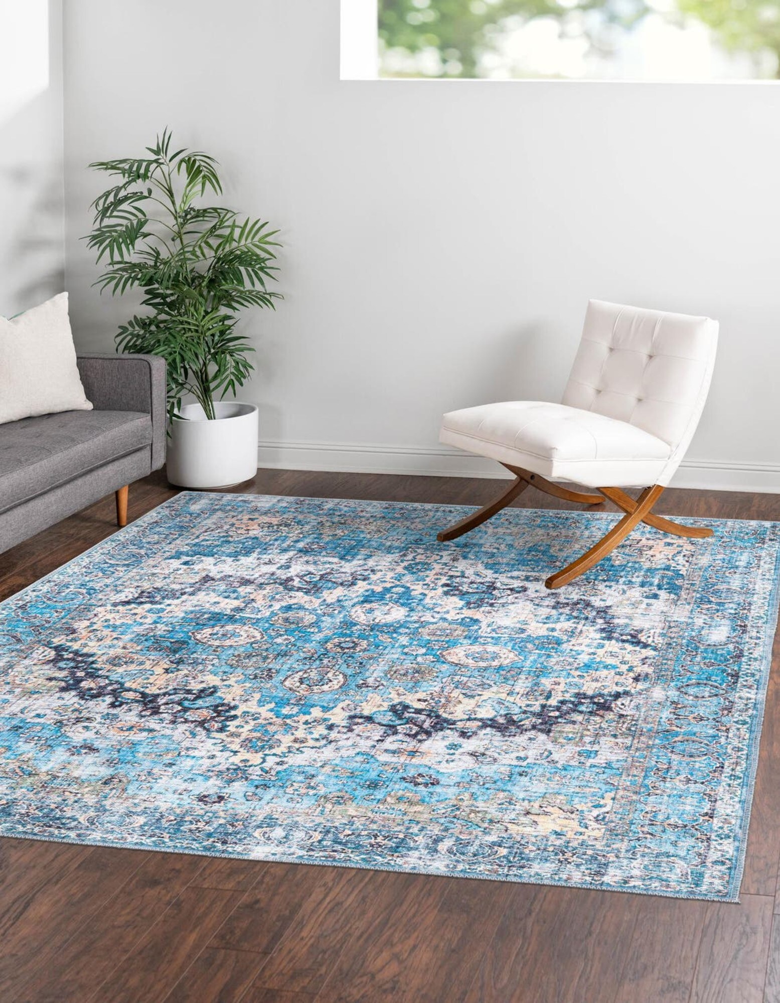 Unique Loom 3177715 Mangata Washable 5 x 5 (ft) Loomed Chenille Blue Square Indoor Border Machine washable Area rug