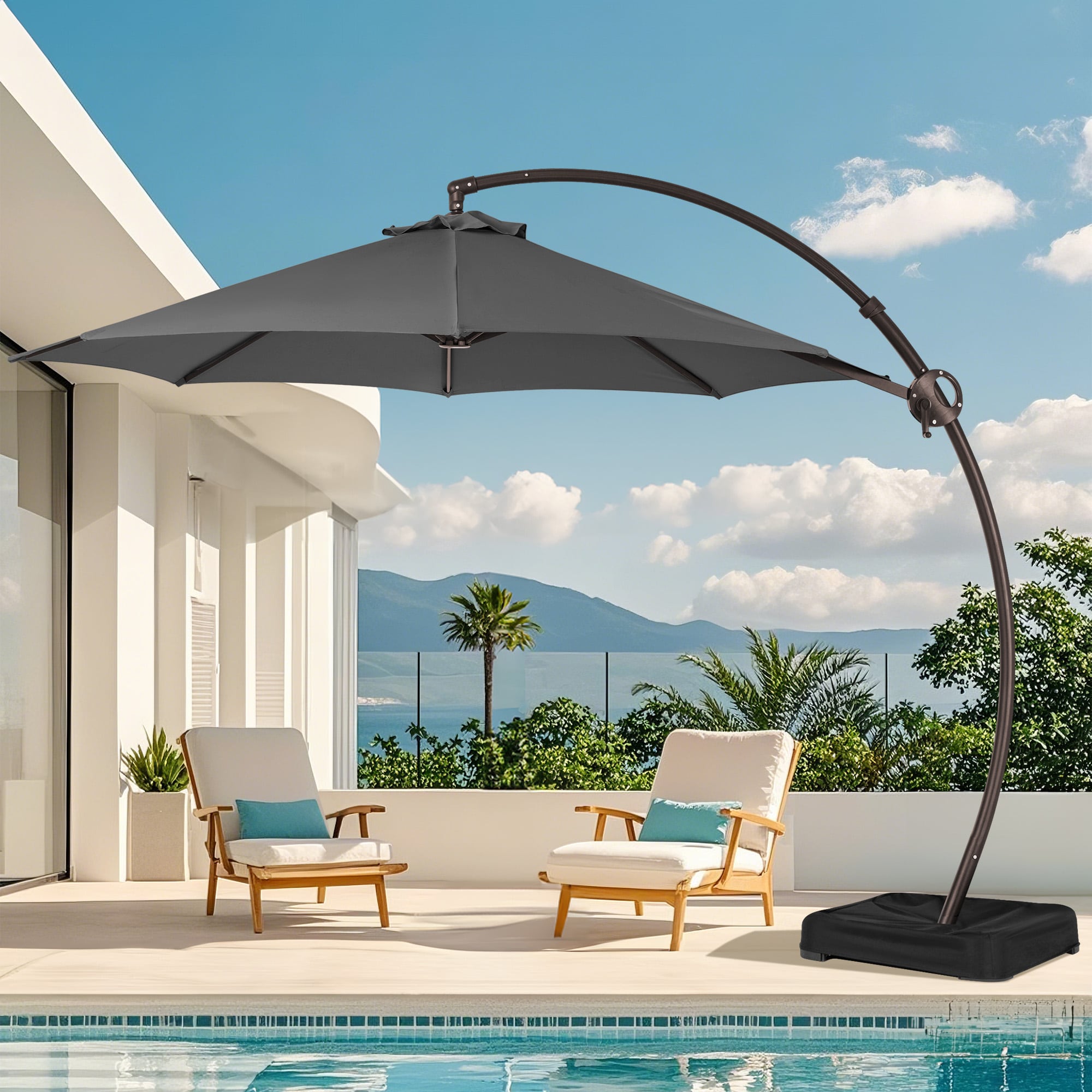 JEAREY JE-LKZLM-13FT-GR 10-Feet Aluminum Gray Crank Cantilever Patio Umbrella with Base