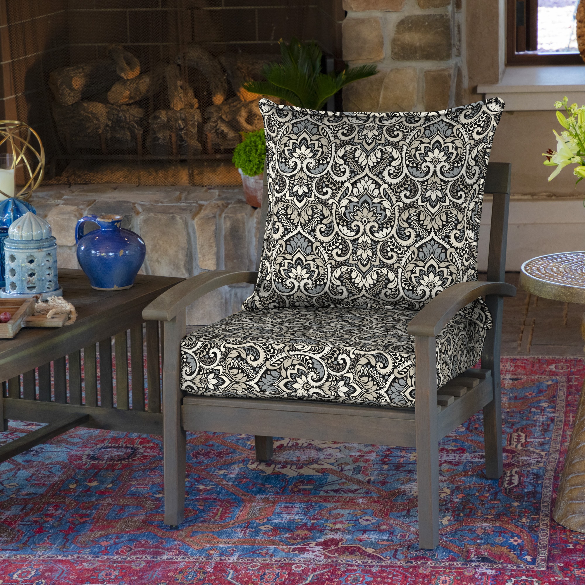 Black Aurora Damask Outdoor Deep Seat Cushion Set