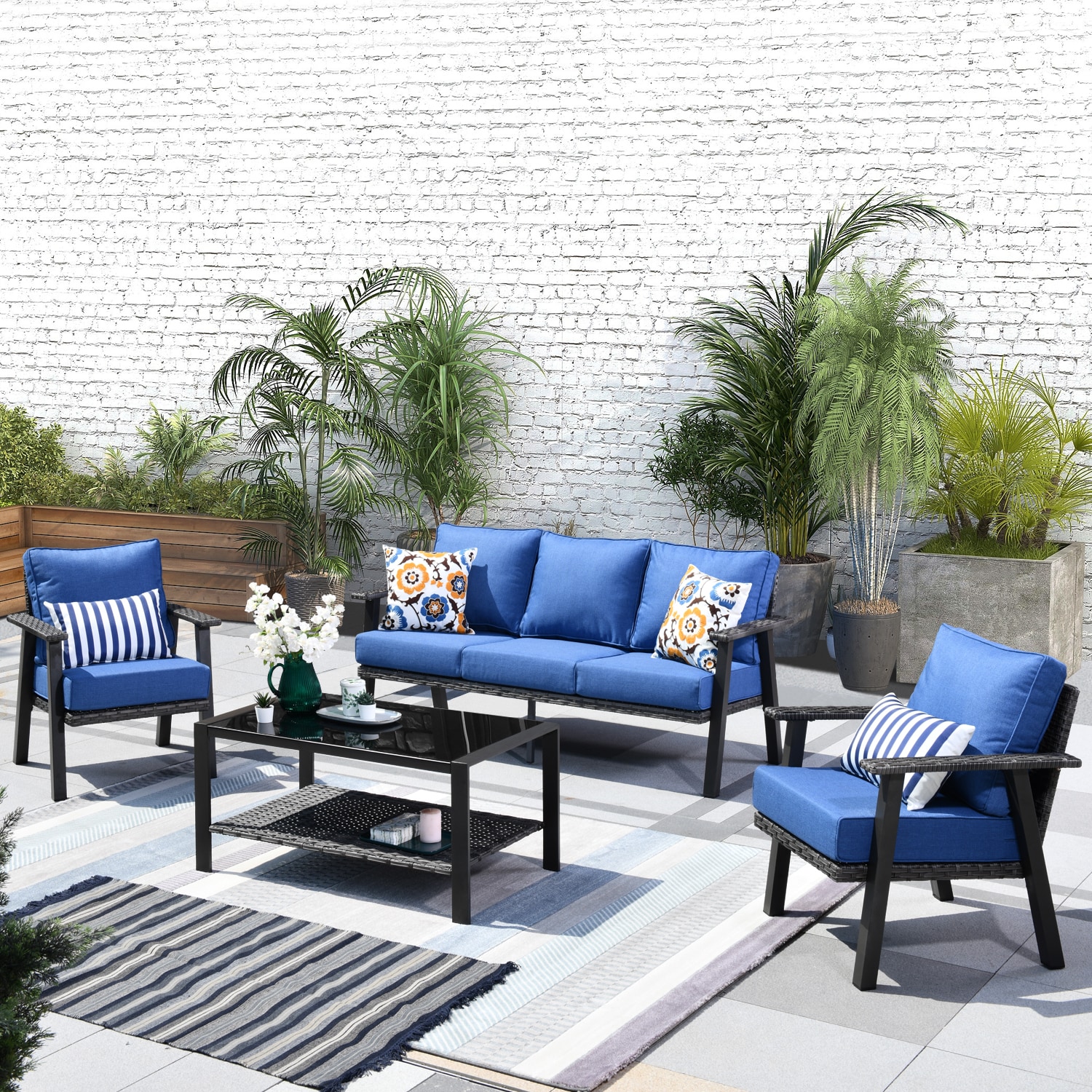 XIZZI XIHWA502 Taurus Rattan Outdoor Sectional with Blue Cushions and Steel Frame