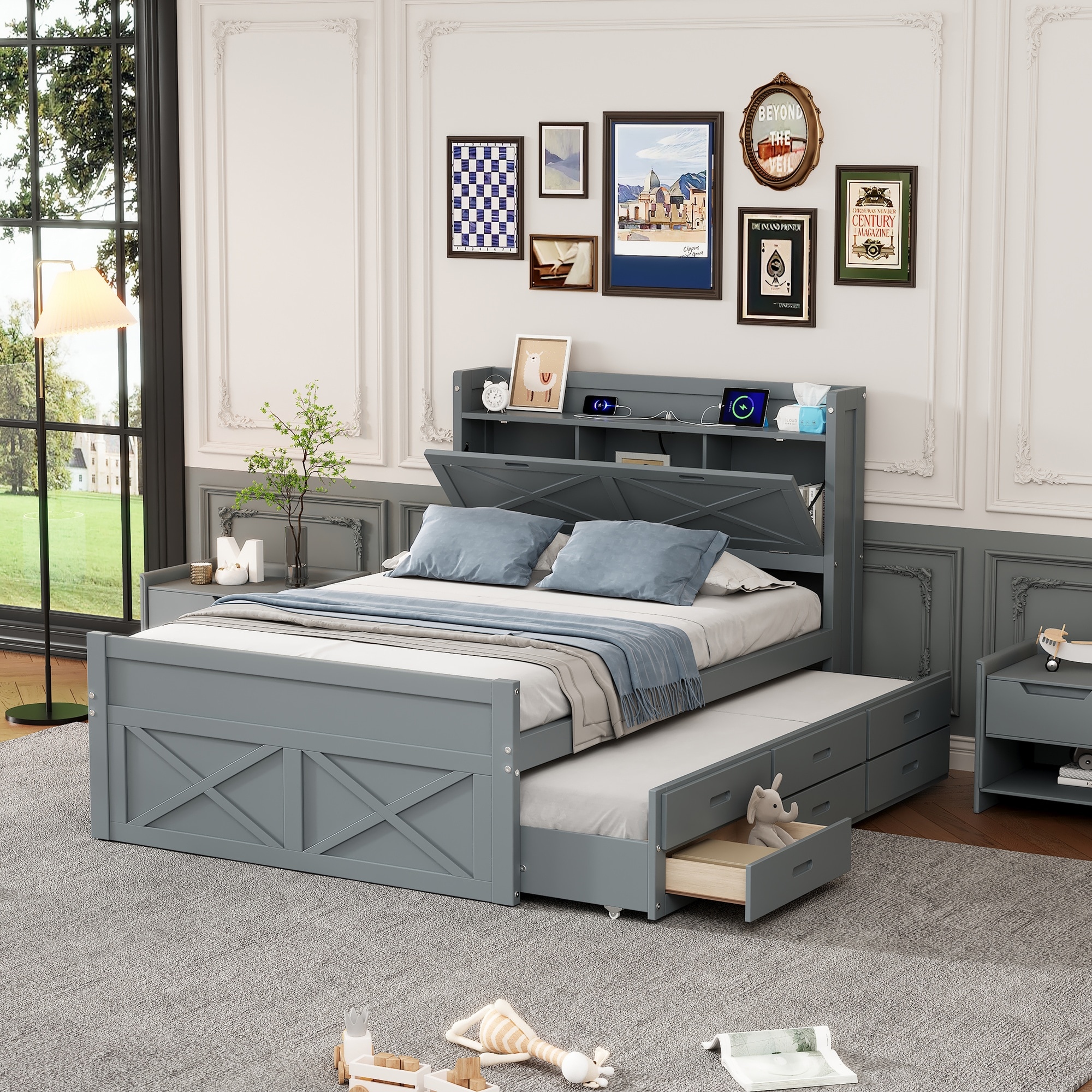 Boyel Living Full Size Wooden Bed with Storage Headboard Outlets