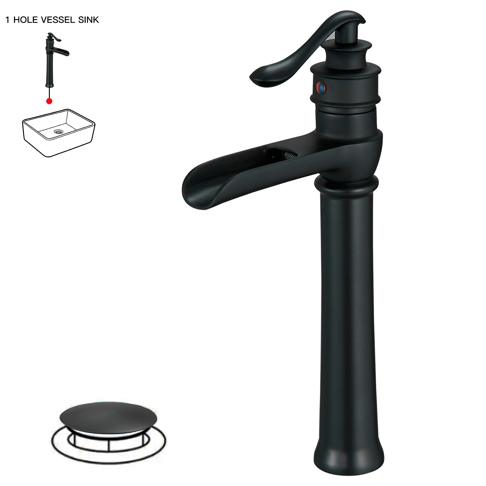BWE A-96135H-BLACK Matte Black Vessel 1-handle WaterSense Waterfall Commercial/Residential Handle Bathroom Sink Faucet with Drain