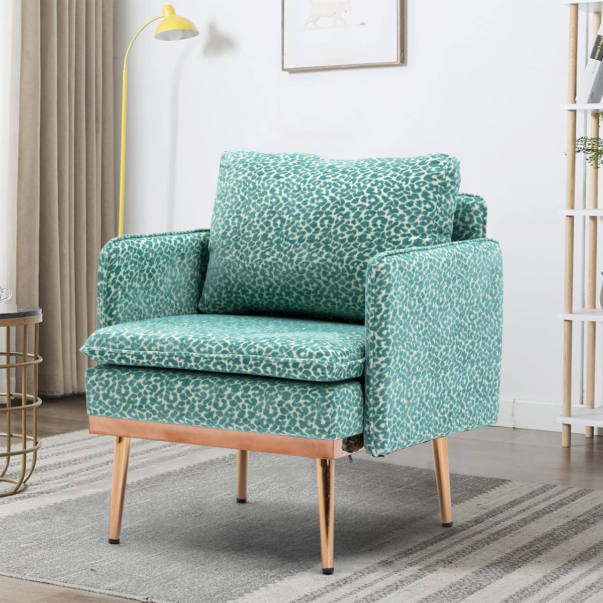 JASMODER Modern Leopard Teal Linen Accent Chair in the Chairs