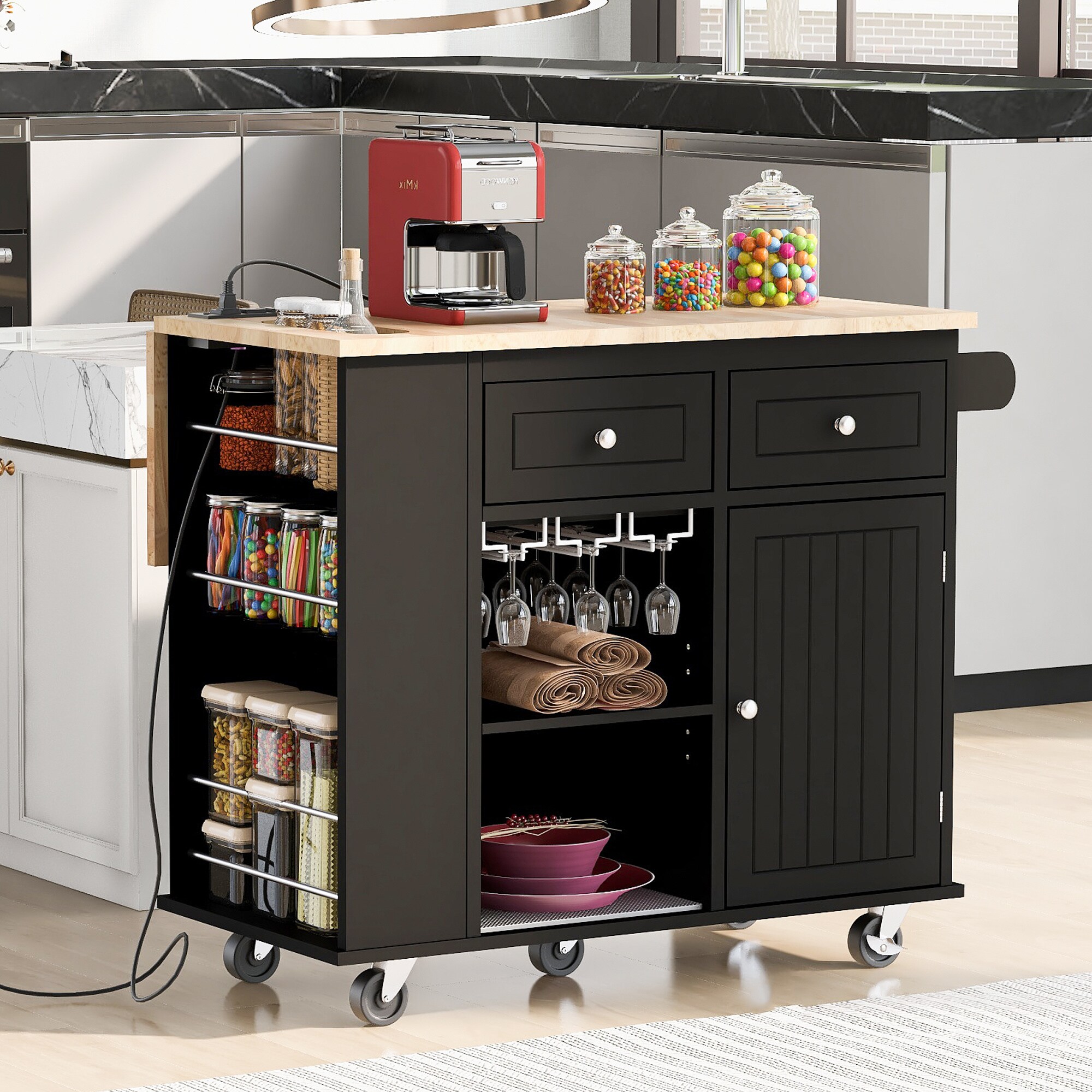 BABOOM Blue Mdf Base with Wood Top Rolling Kitchen Island (29.33-in x 39.8-in x 33.7-in)