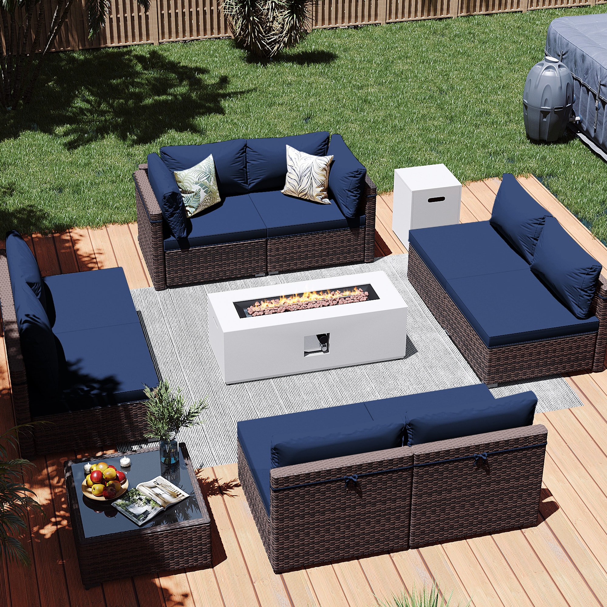 Patio Watcher LS-RT9-KD42CWH-B2 10 -Piece Rattan Patio Conversation Set with Blue Cushions
