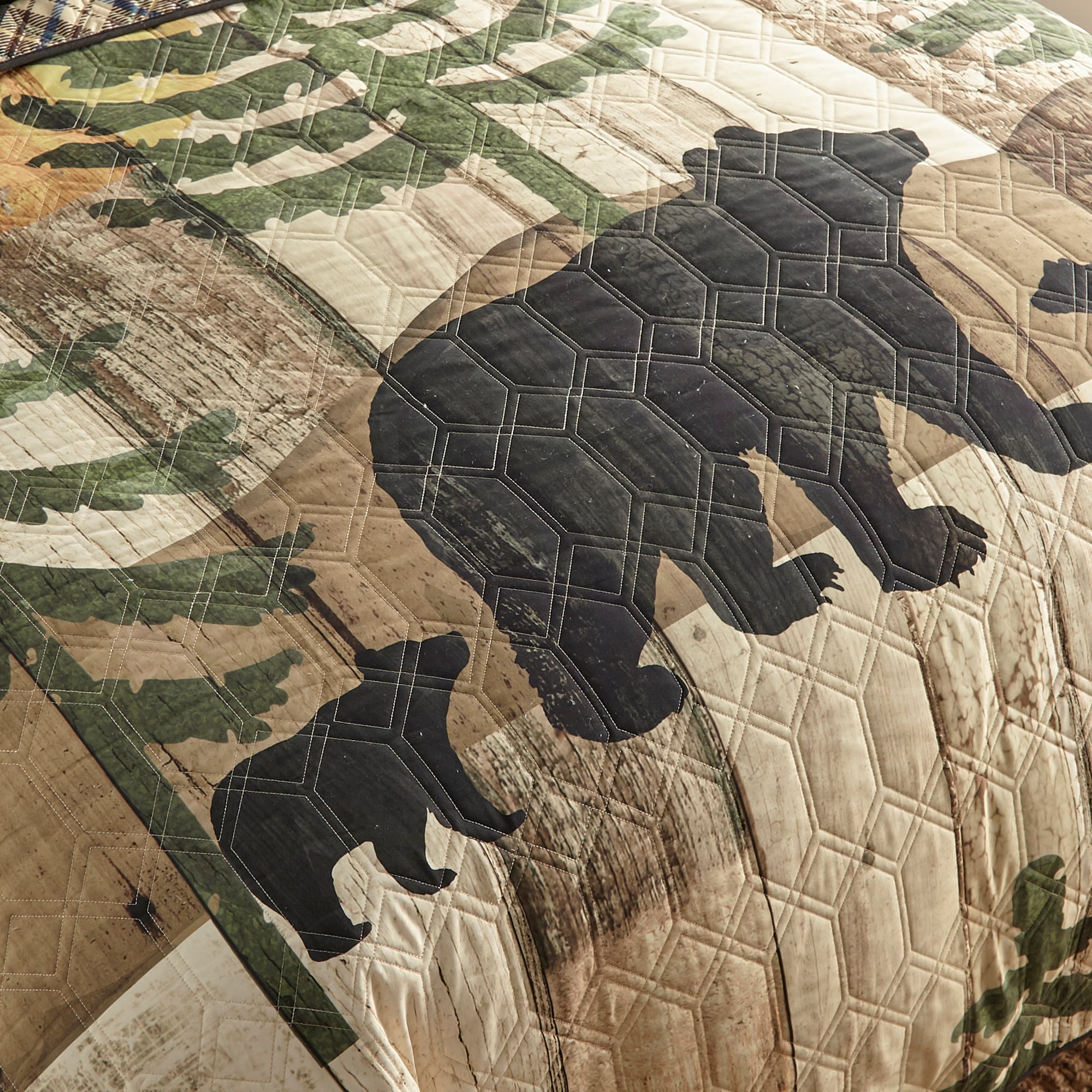 Rustic Black Bear and Plaid Reversible King Microfiber Quilt Set