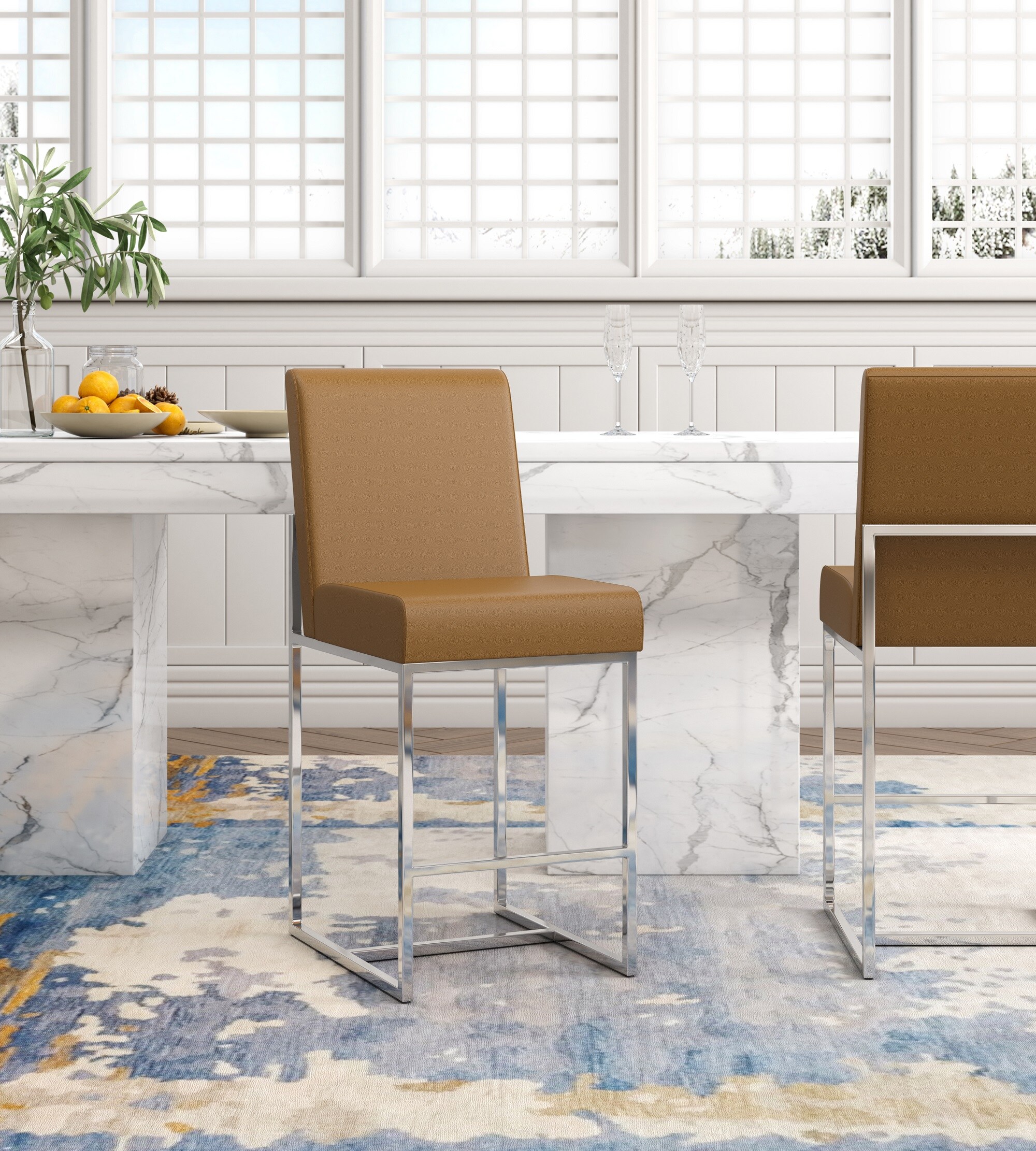 Manhattan Comfort CS003-CL Element Camel and Polished Chrome 24.8-in H Counter height Square seat Upholstered Metal Bar Stool and Back