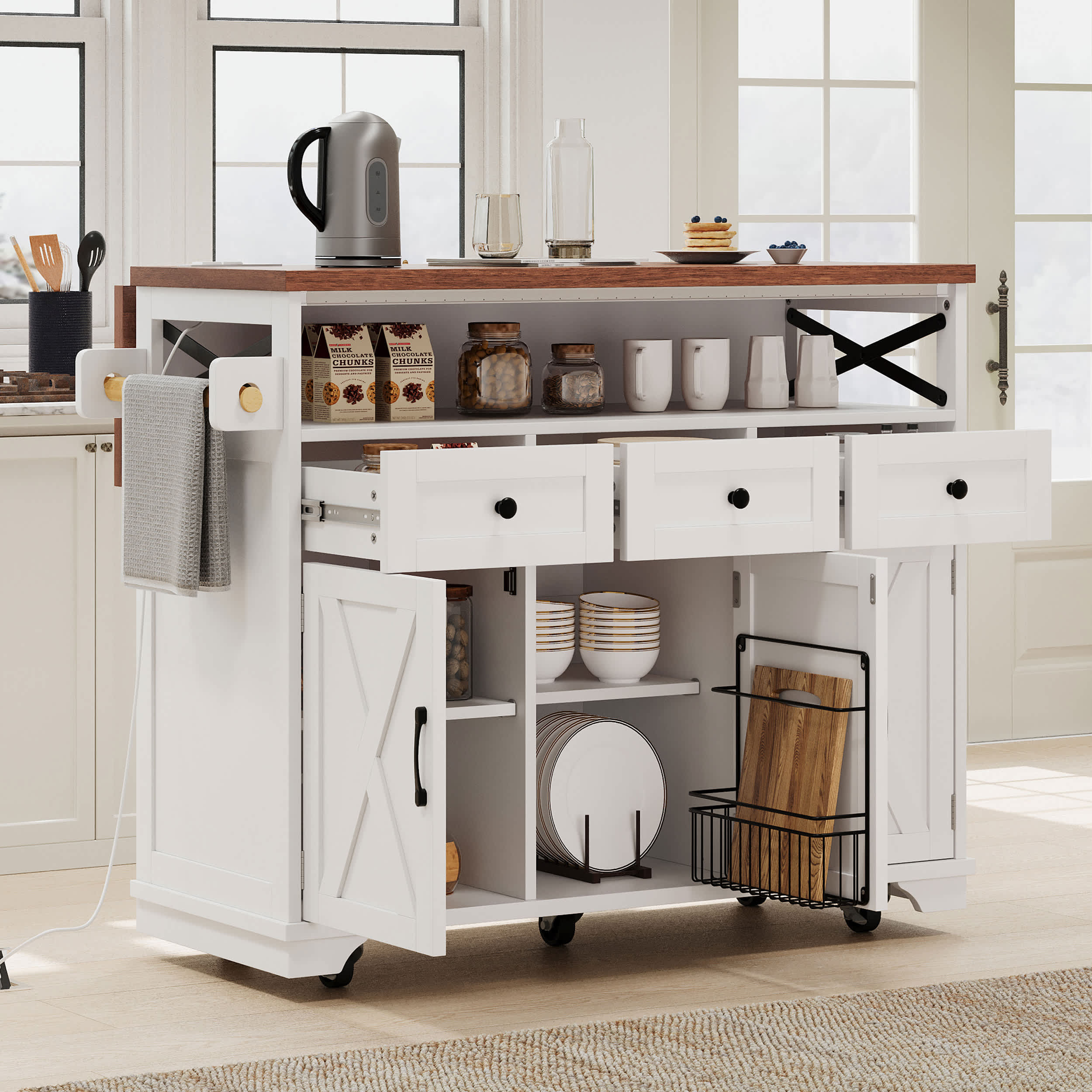 Aoibox  46.5 in farmhouse kitchen island white rolling cart with drop leaf drape of beads power outlet 3 doors 3 drawers iron shelf