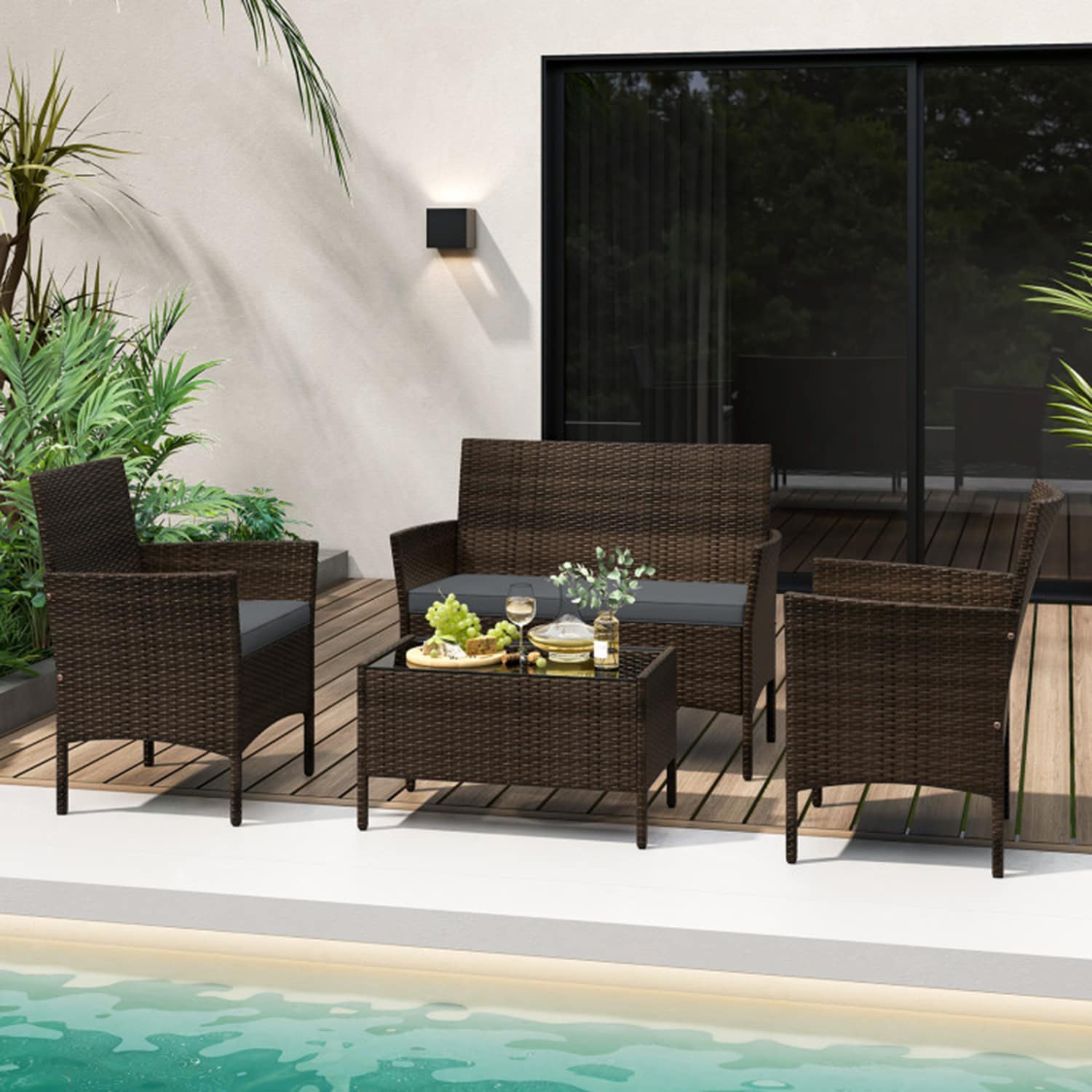 Mondawe 214GR-HY 4 -Piece Rattan Patio Conversation Set with Gray Cushions