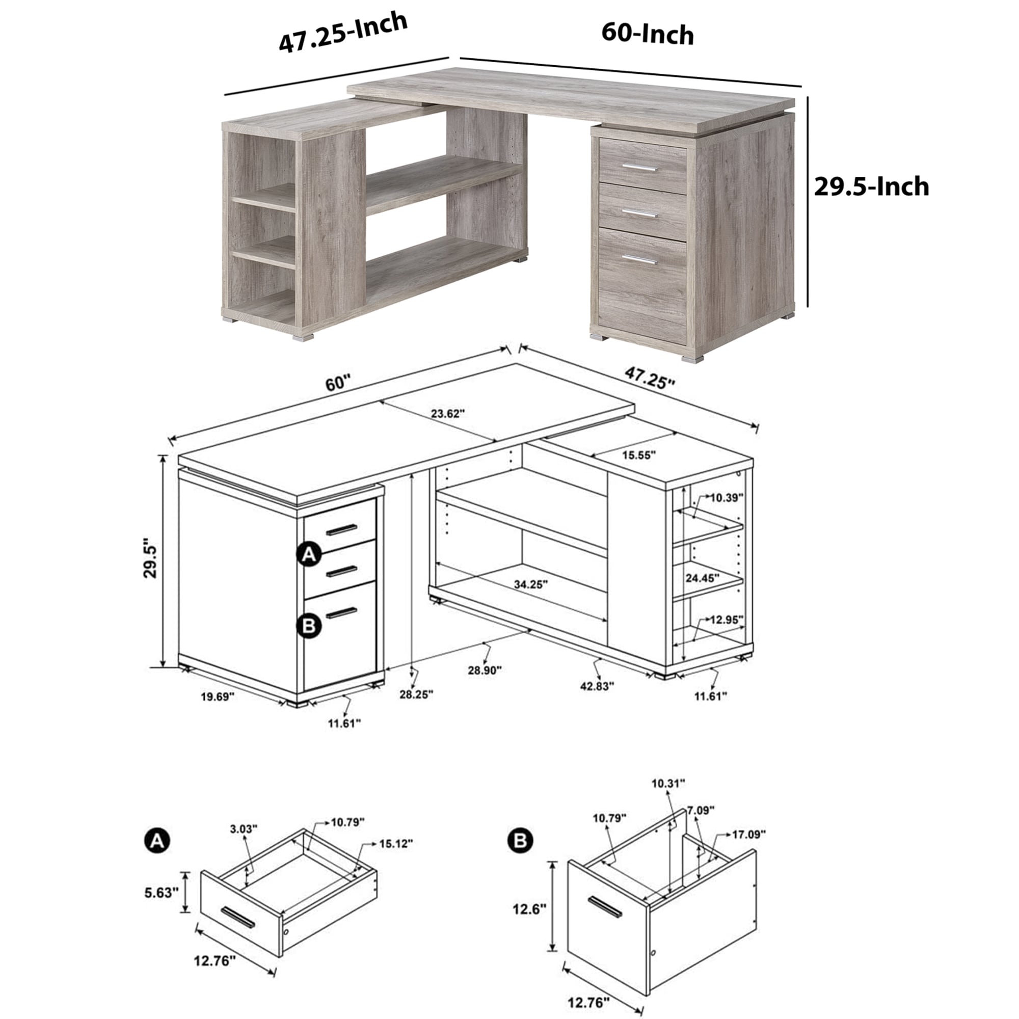 Gray Wood L-Shaped Computer Desk with Drawer and Filing Cabinet