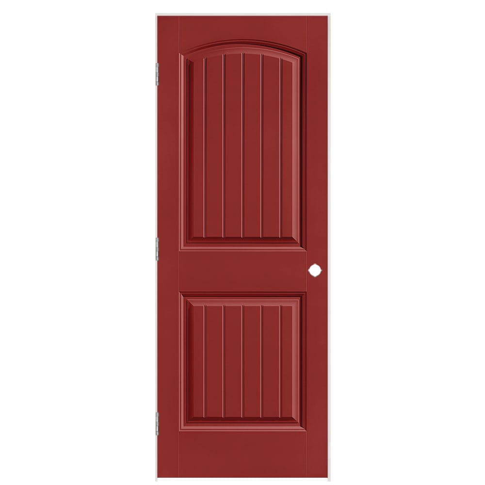 Masonite 1443810 30-in x 80-in Barn Red Solid core 2-panel round top plank Right hand Smooth Prefinished Molded composite Flat Jamb Single Prehung Interior Door
