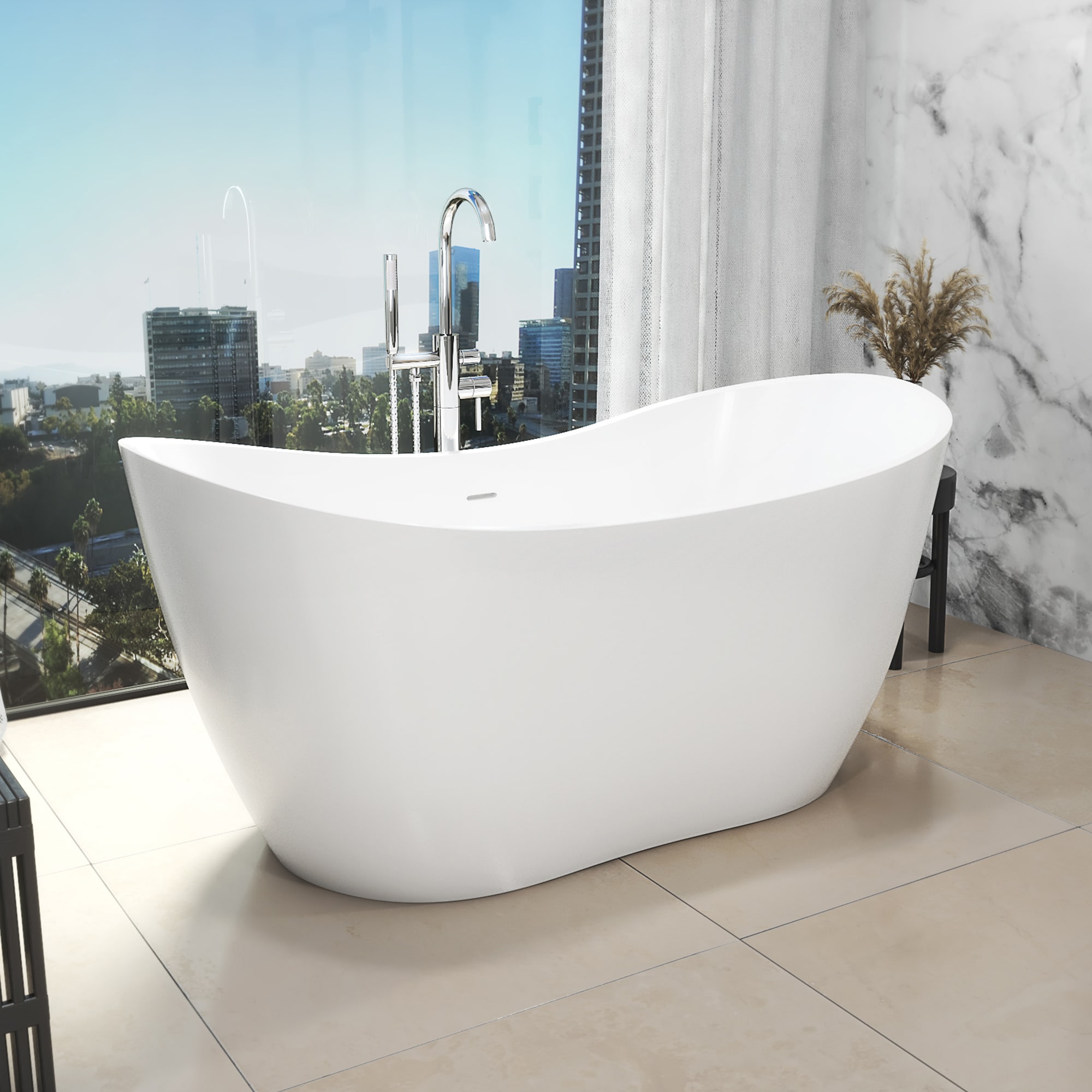DreamLine BTNL2863XC09 Nile 28.375-in x 63-in White Acrylic Oval Freestanding Soaking bathtub with Drain ( Center Drain )