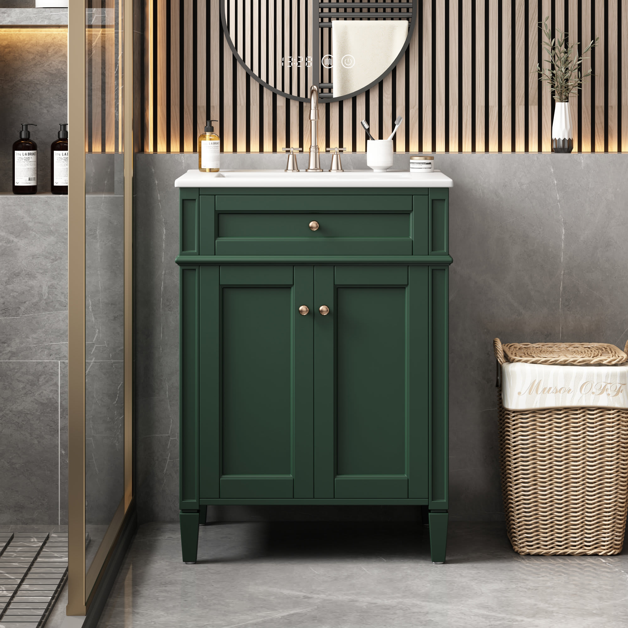 Etokfoks  24 inch Bathroom Vanity with Sink 2 Doors Tip Out Drawer Soft Close Hinges Adjustable Shelf Ceramic Basin Green 24 x 18.1 x 33.8 in