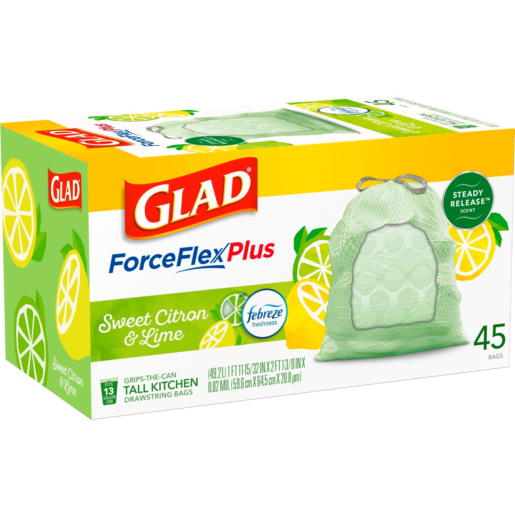 Glad ForceFlexPlus 45-Pack 13-Gallon Febreze Sweet Citron & Lime Green ...
