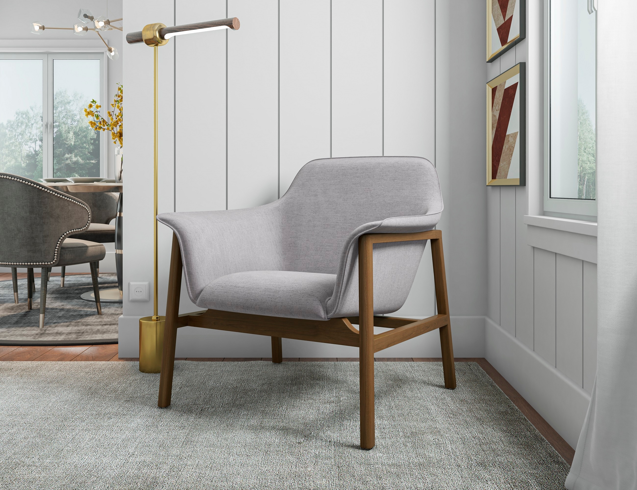 Mid Century Grey Linen & Walnut Wood Accent Chair Set