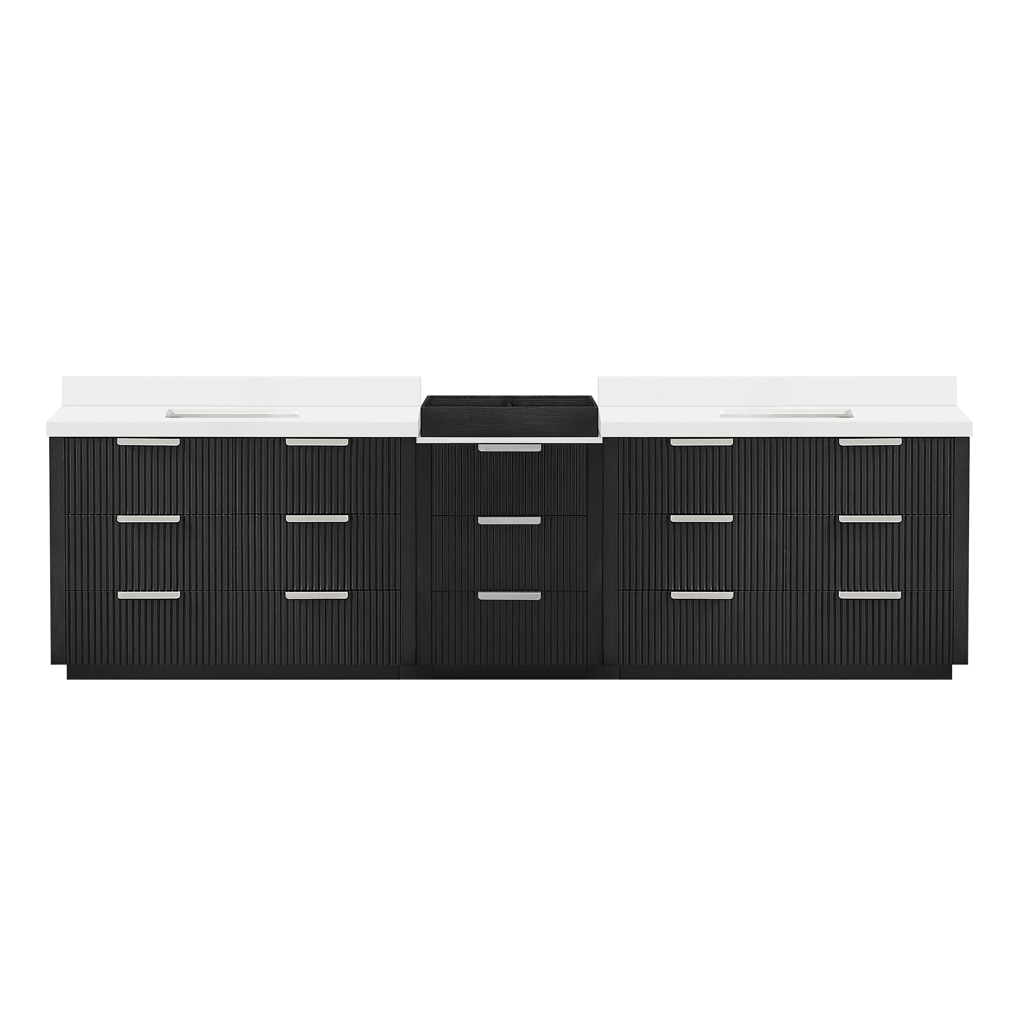 Vinnova 120-in Oak Weathered Black Finish Undermount Double Sink Bathroom Vanity with White Quartz Stone Top Quartz Top