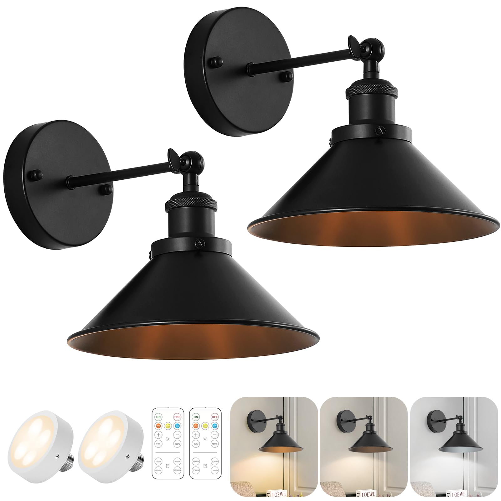 Oyezvary  2 Pack Black Vintage Wireless Battery Operated Wall Sconces Industrial Cordless LED Wall Lamp Fixture Indoor Remote Control