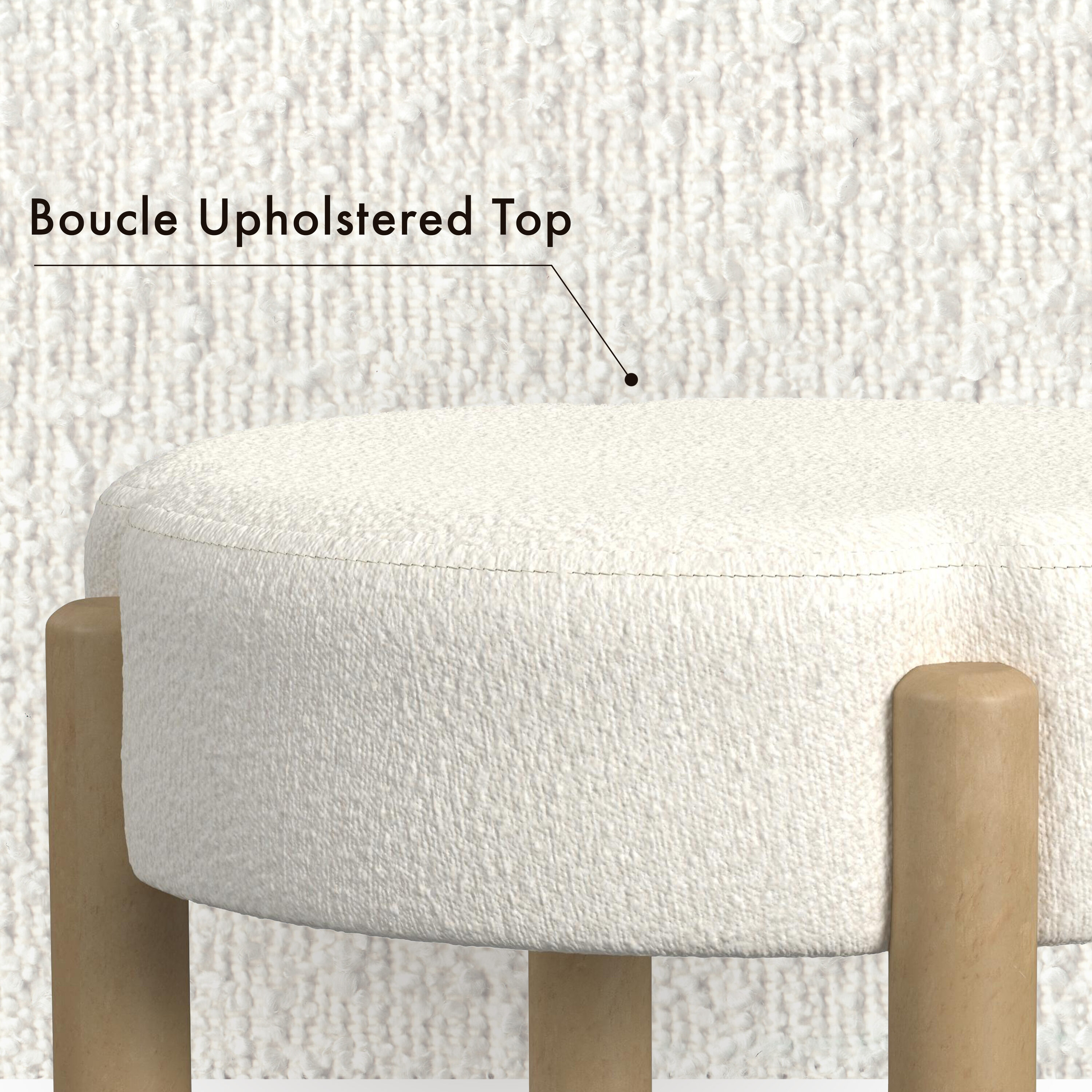 Nordic Off-White Boucle Round Ottoman with Wooden Legs
