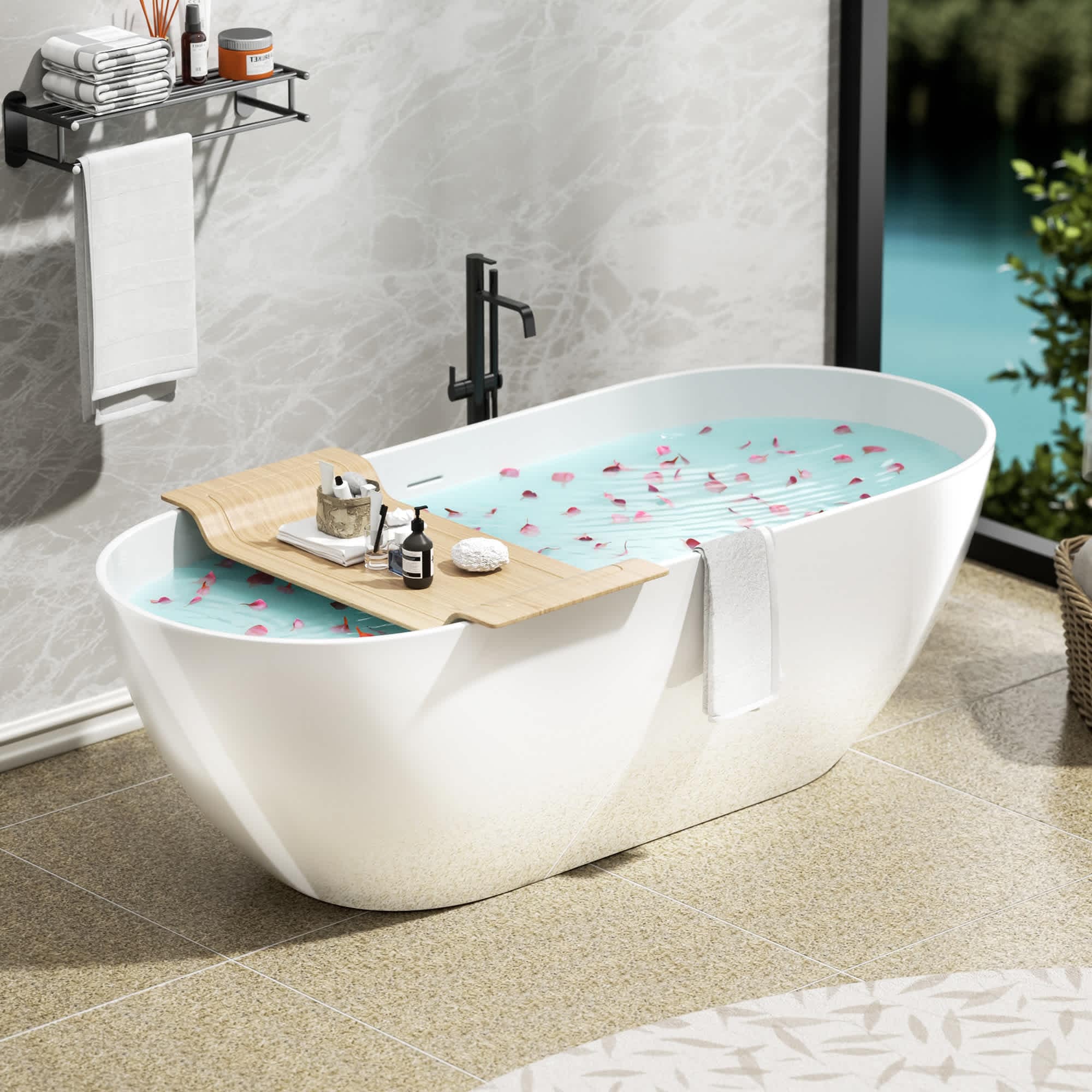 Abruzzo 63 in. x 29.5 in. Solid Surface Resin Stone Flatbottom Freestanding Soaking Bathtub in Glossy White