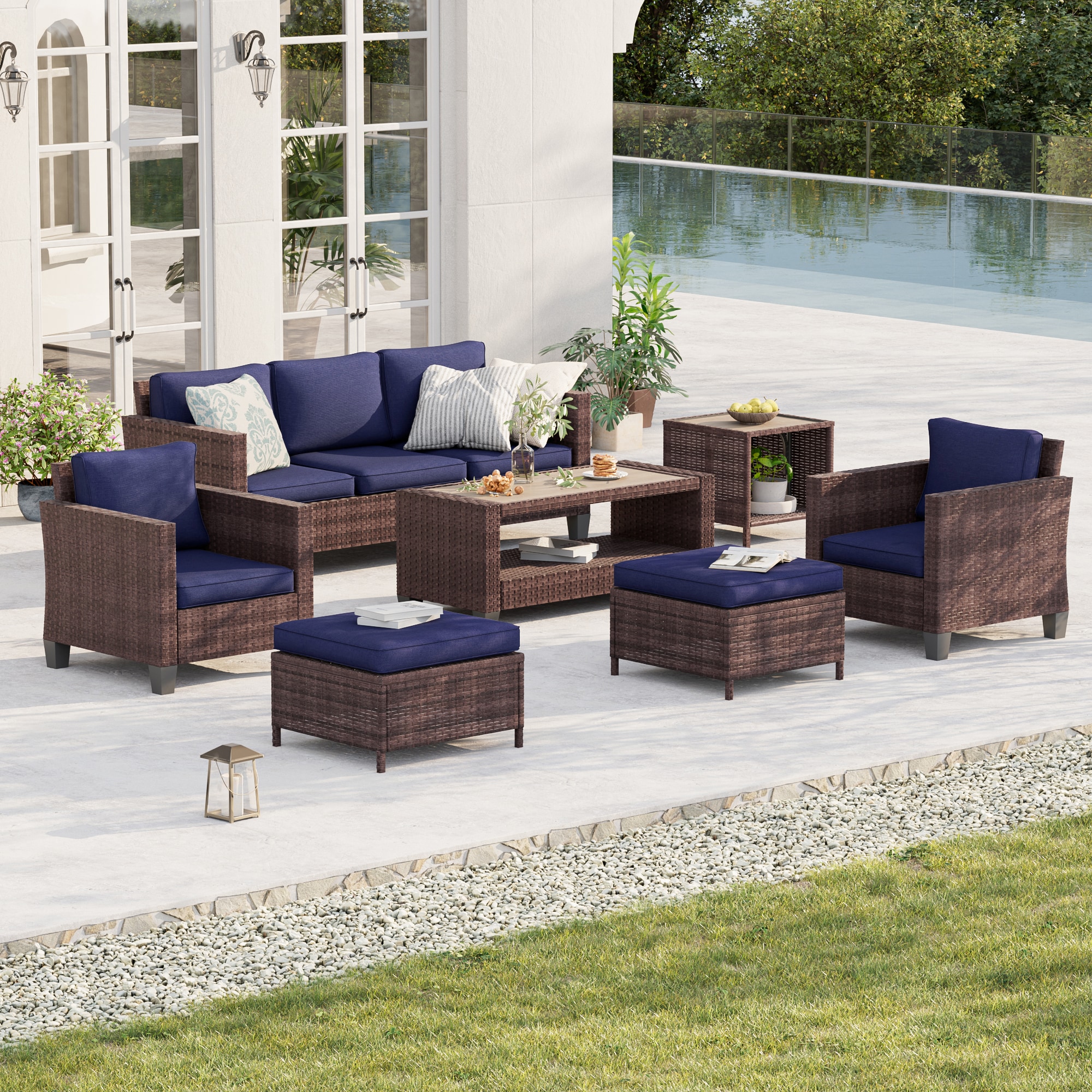 ACEGOSES LW-115BNY-S1T3 7 -Piece Wicker Patio Sofa Conversation Set with Blue Cushions