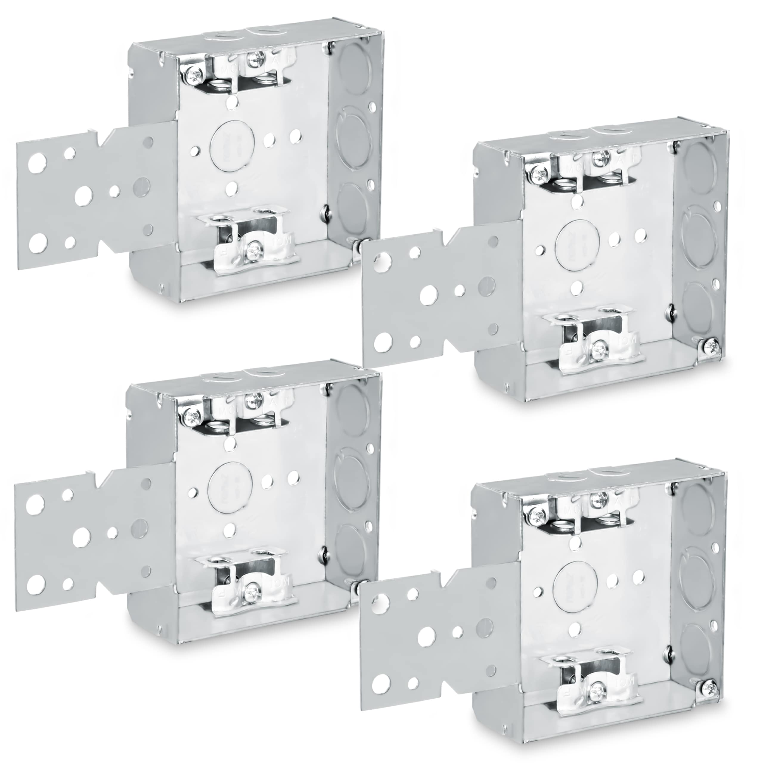 OHLECTRIC  4 Pack 4 Inch Welded Square Steel Electrical Box with 1 2 and 3 4 Inch Knockouts 2 1 8 Inch Deep Junction Box with MC Clamps and Front Bracket Ideal for Lighting Fixture Switches and Receptacles