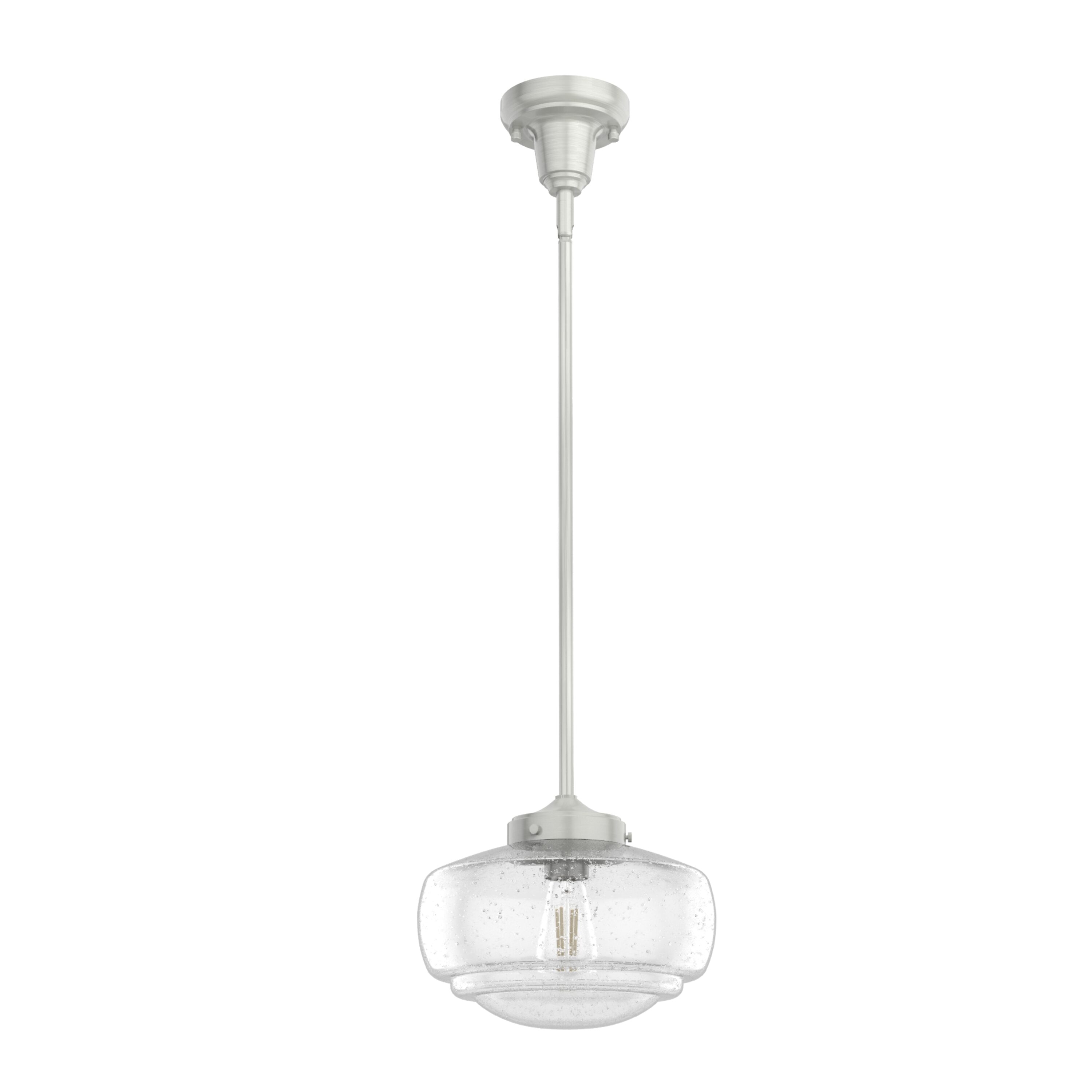Hunter 19189 Saddle Creek 1 -Light Brushed Nickel Vintage Seeded glass Schoolhouse Medium Hanging Convertible pendant/Semi-flush