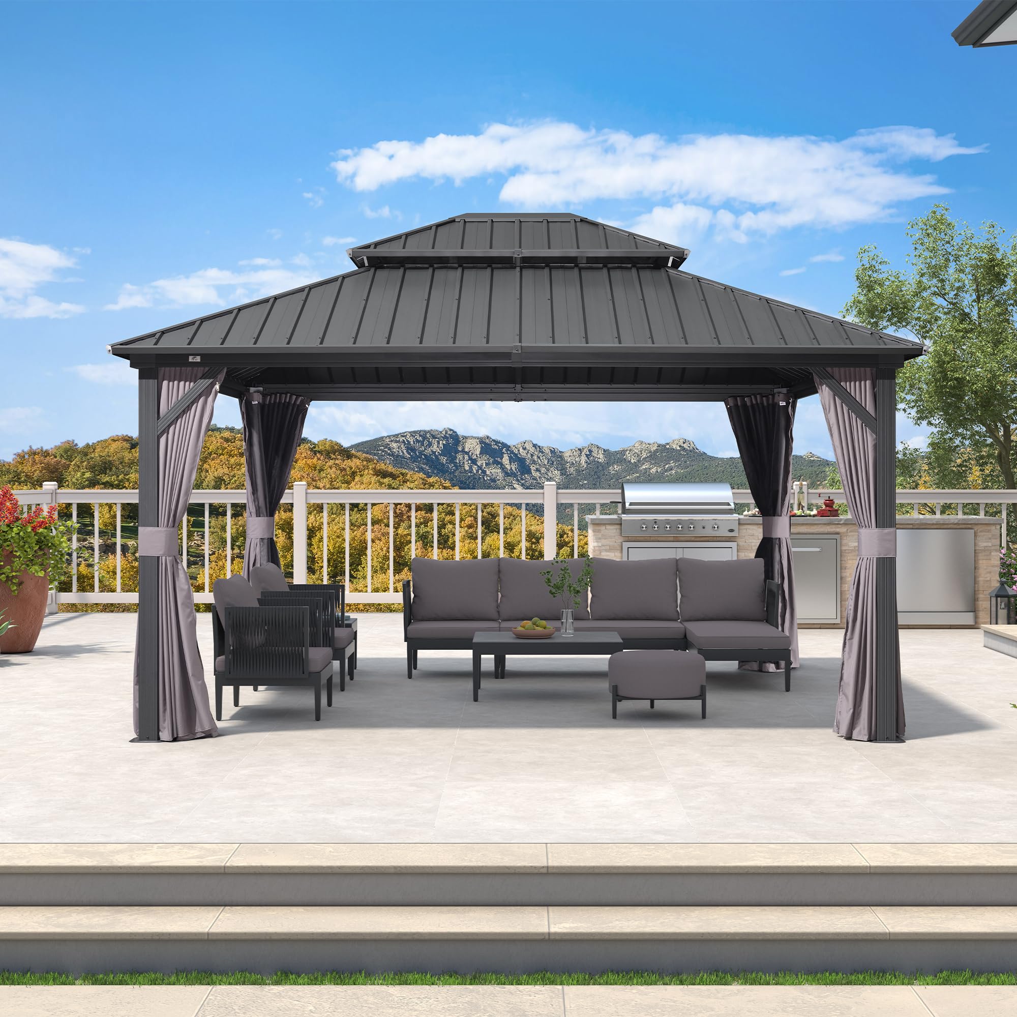 PURPLE LEAF 14-ft x 12-ft Gazebo Rectangle Gray Metal Steel Roof Gazebo ...