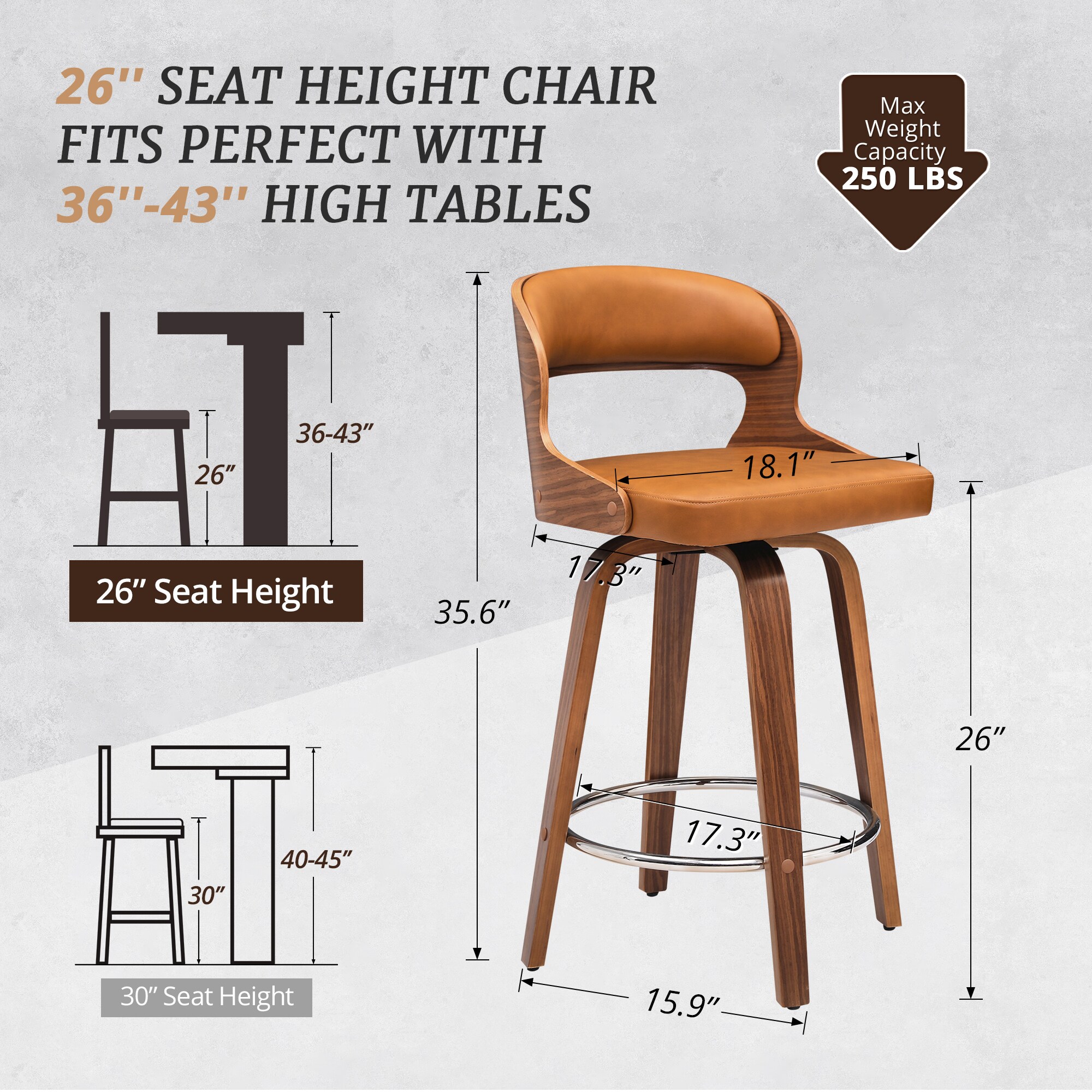 Hosworth 26 in Swivel Counter Stools 2 Pack Faux Leather with Walnut ...
