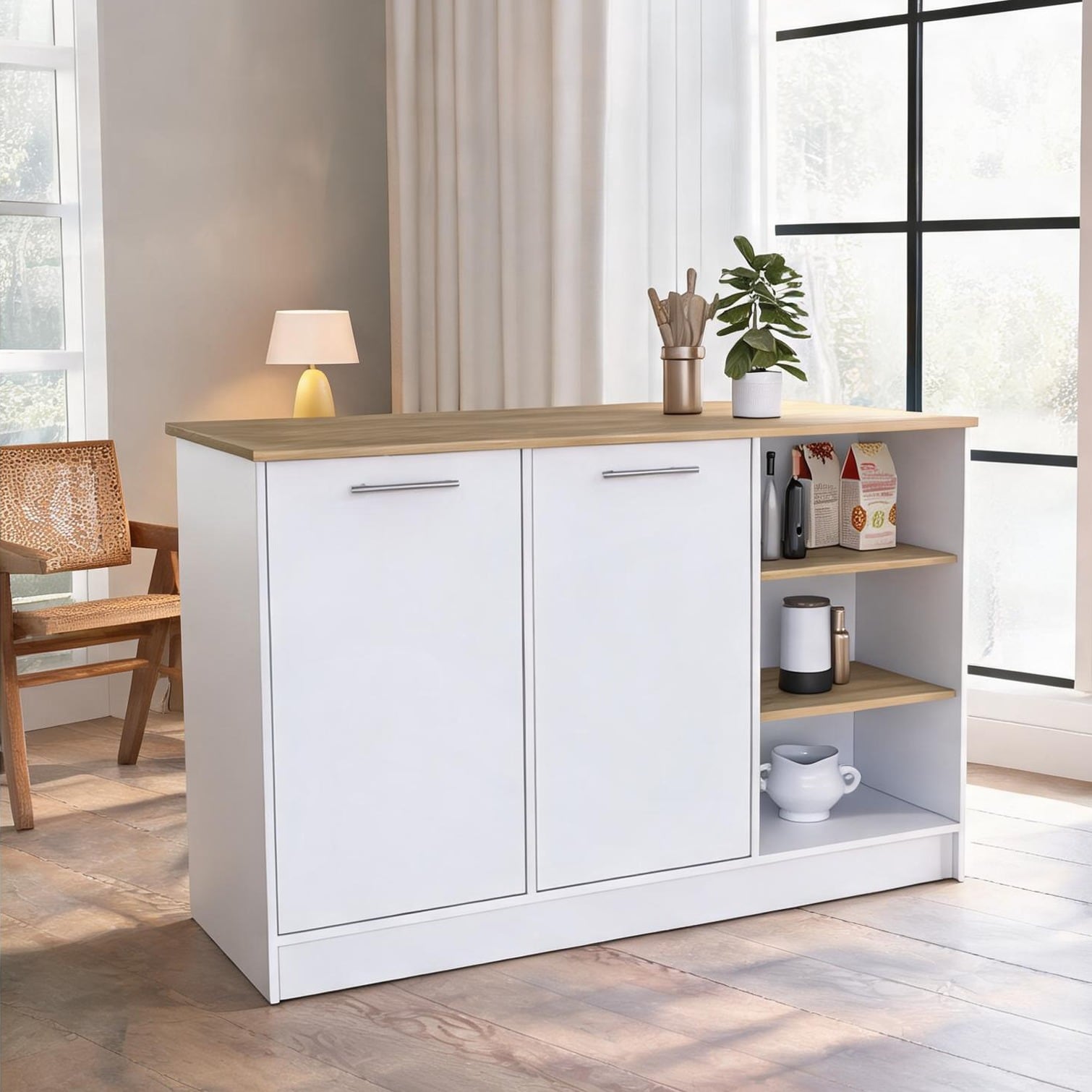 FlowLuxe Kitchen Island Table with Seating Overhang Rich Brown 59-Inch Wide Two Cabinets and Open Shelves