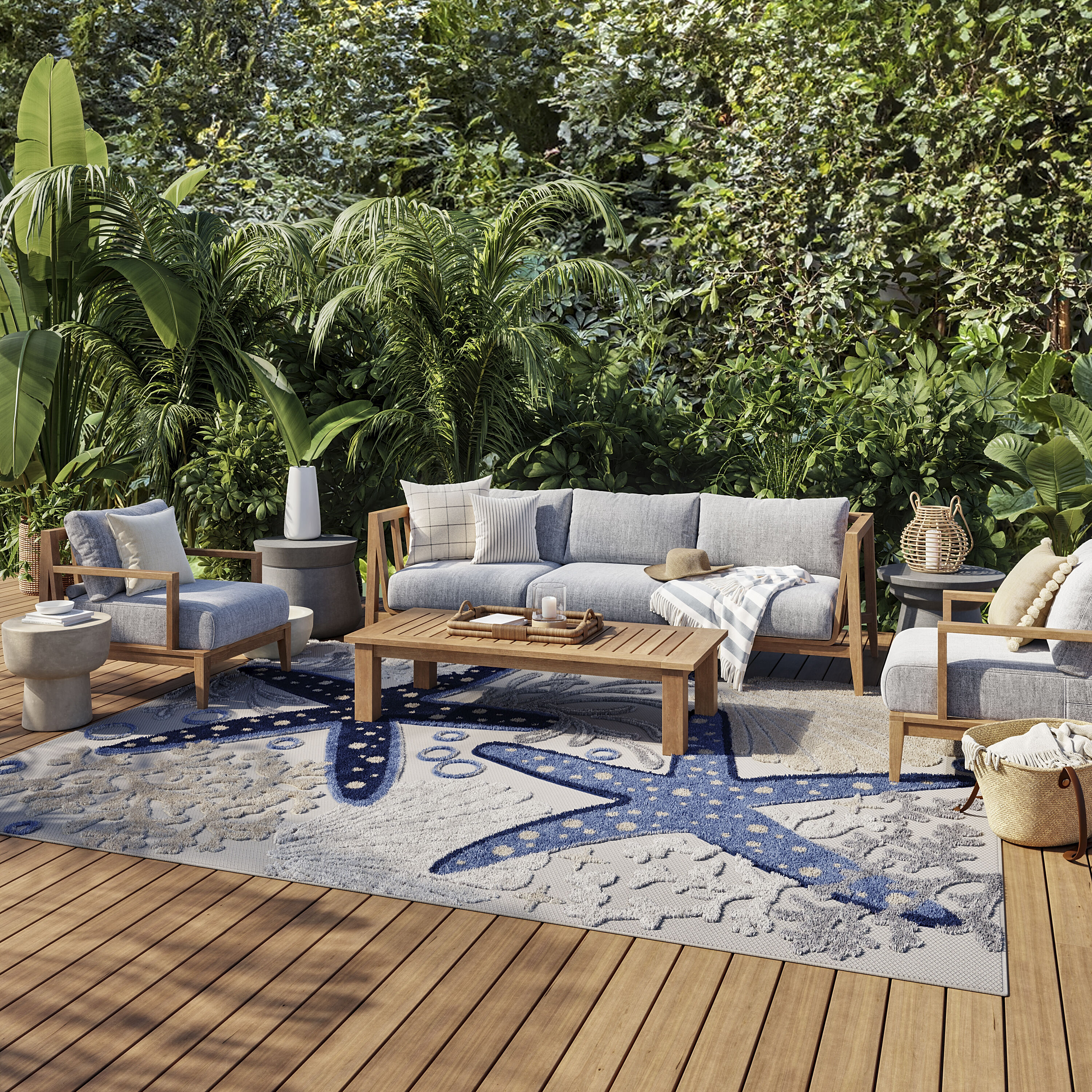 Nourison 99446829832 Aloha 12 x 15 (ft) Loomed Polypropylene Blue/Grey Rectangular Indoor/Outdoor Floral/Botanical Coastal Area rug
