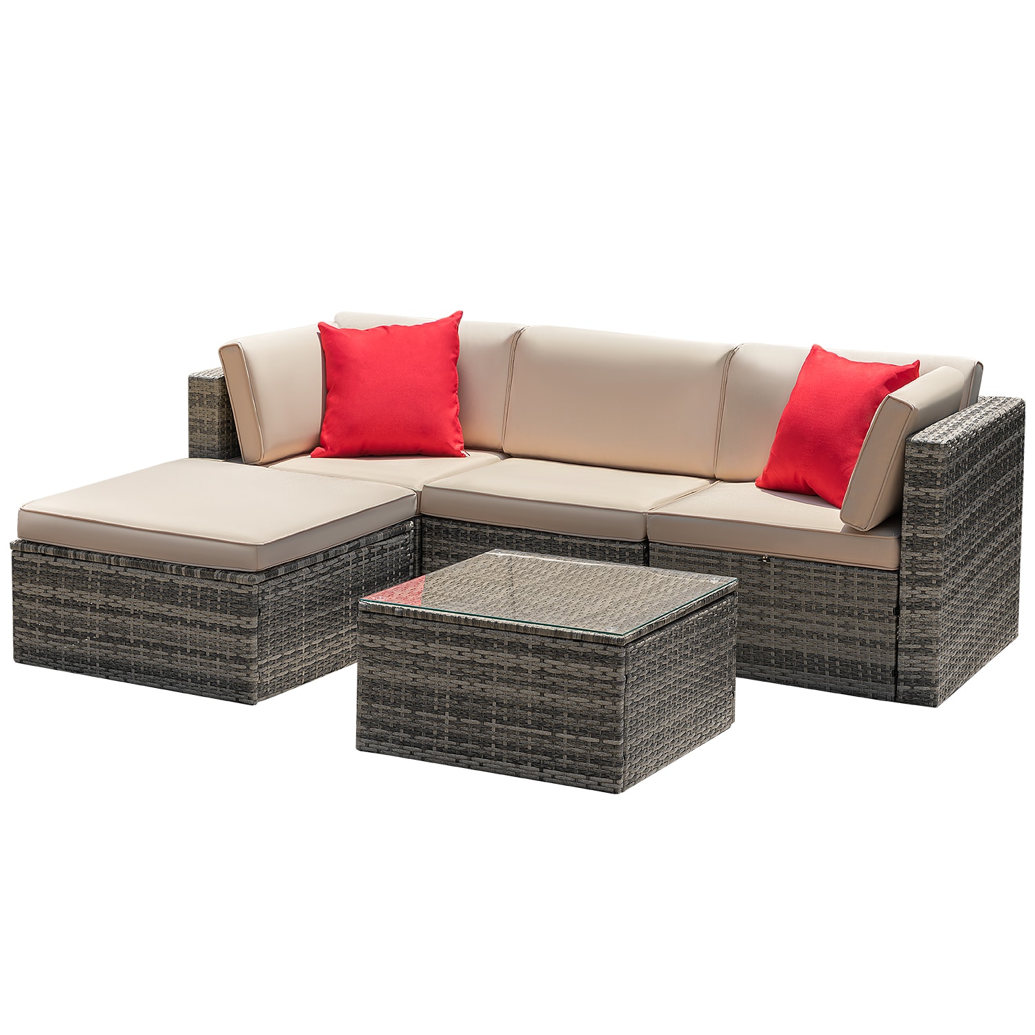 Vineego LS-TBSF2C1A1T1OTGYBG 5 -Piece Wicker Patio Conversation Set with Off-white Cushions