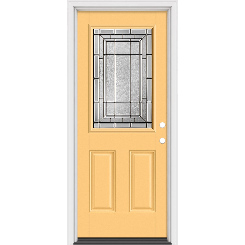 Masonite 631502 Sequence 32-in x 80-in x 4-9/16-in Fiberglass Half lite Left-hand inswing Cabana Yellow Painted Prehung Front Door with Brickmould Insulating core