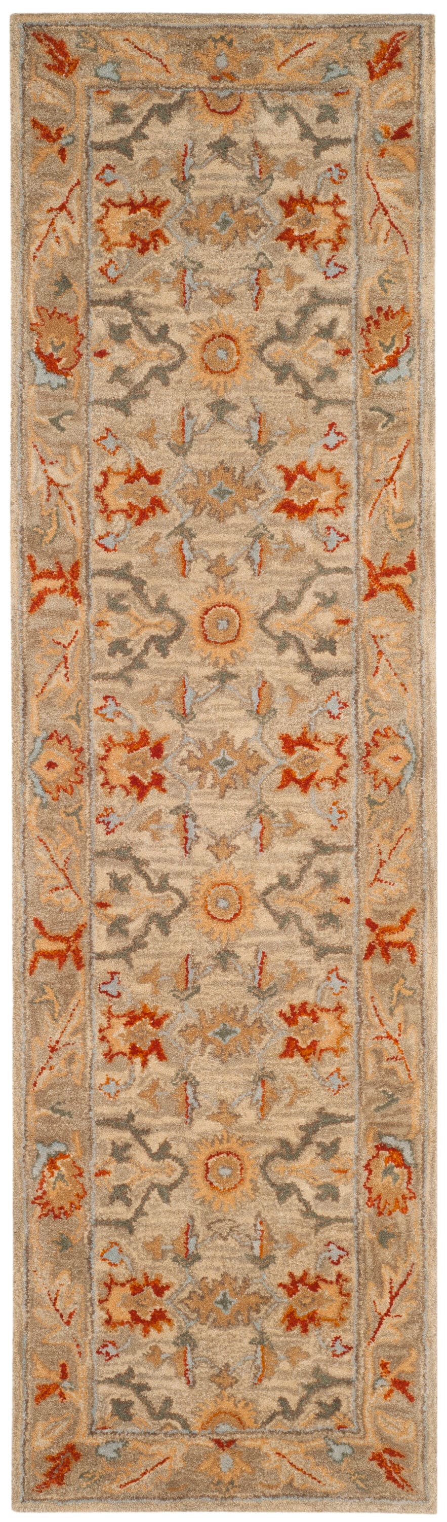 Elegant Antiquity Hand-Spun Wool Runner Rug in Beige, Gray, and Orange