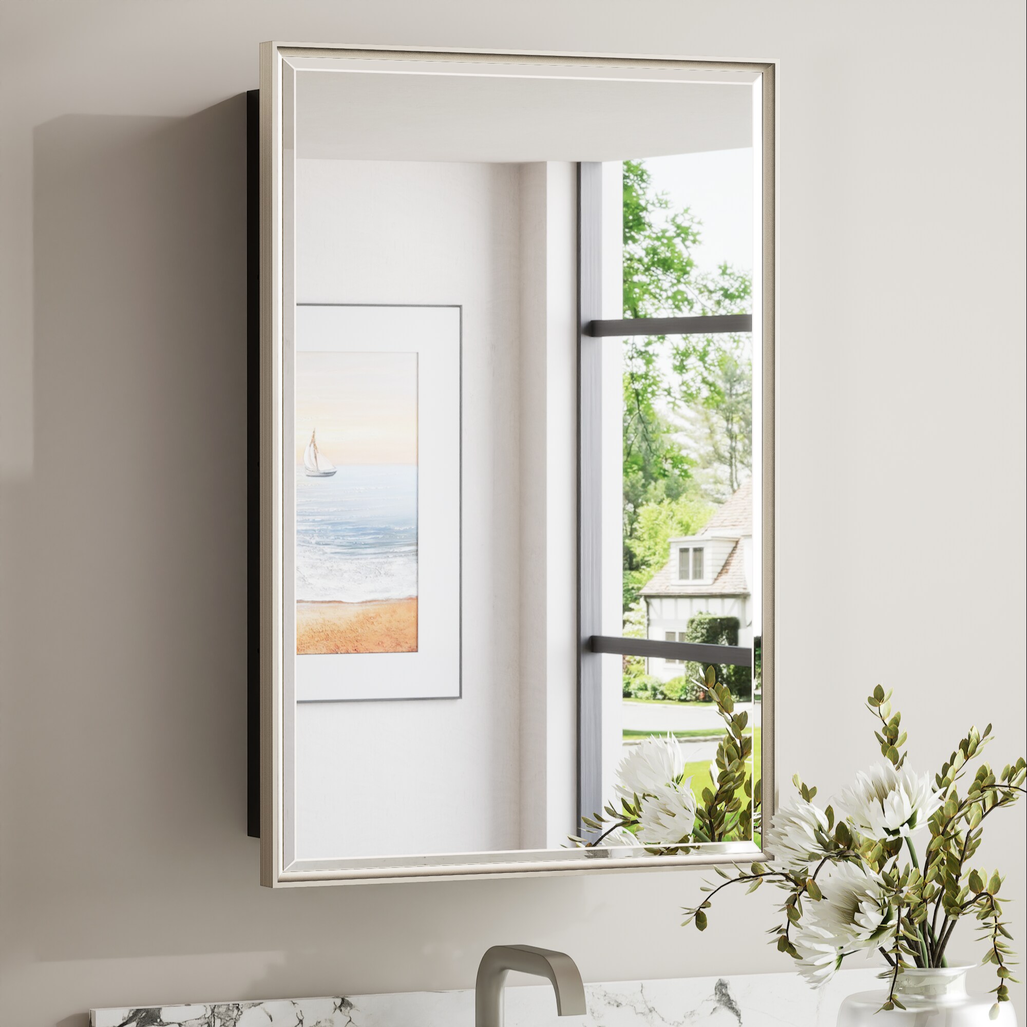 Keonjinn LW-JSKJG-FJ-4363BN 17-Inches x 25-Inches Surface/Recessed Mount Brushed Nickel Mirrored Rectangle Soft Close Medicine Cabinet