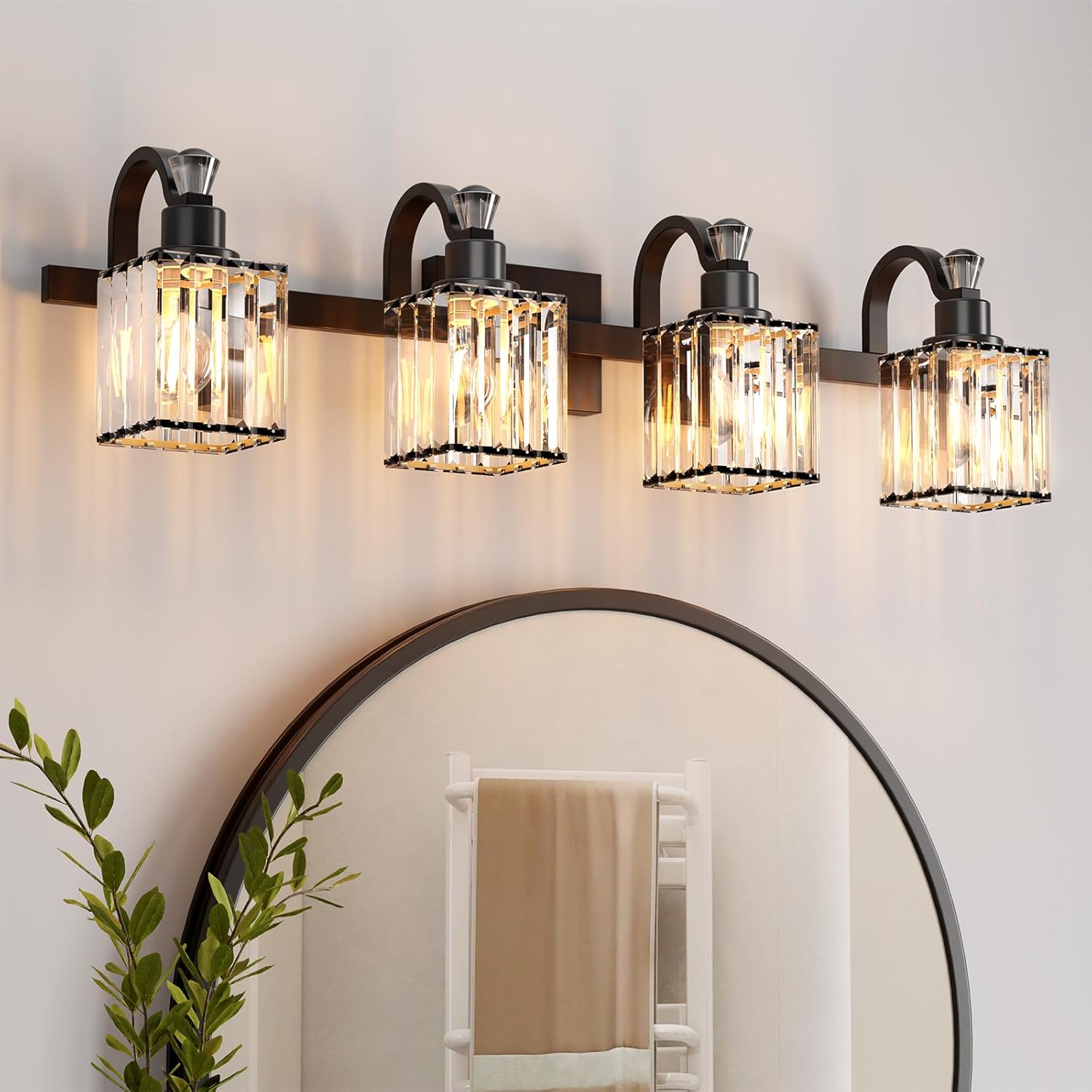 Qeetex Vanity Light Fixtures Modern Crystal Vanity Light Fixtures Over Mirror 4 Light Modern Crystal Wall Lighting with Square ShadeBlack