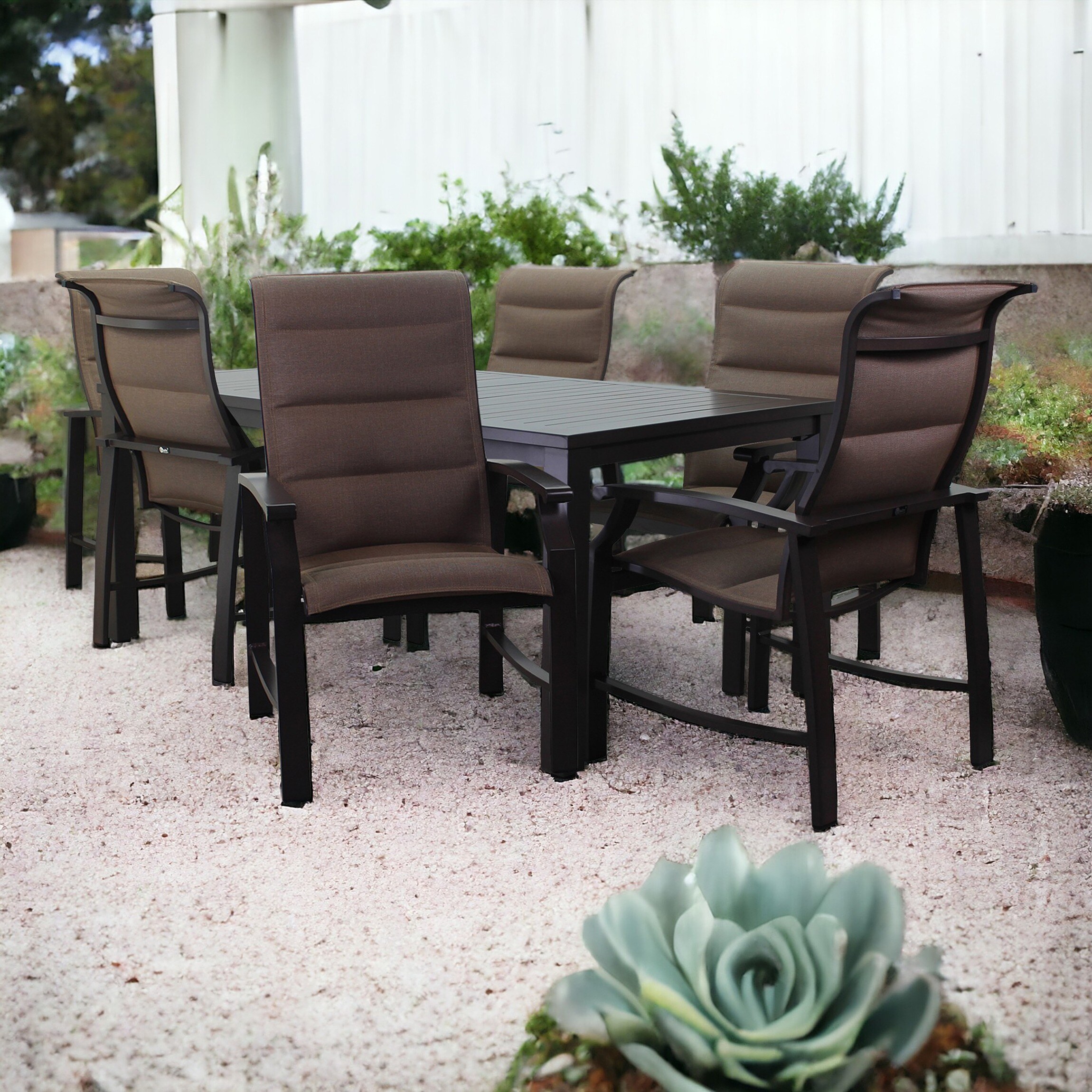 Courtyard Casual 5336 Madison - Autumn Rust 7 -Piece Autumn Rust Patio Dining Set Aluminum Rectangle Table with 6 Brown Stationary Chairs