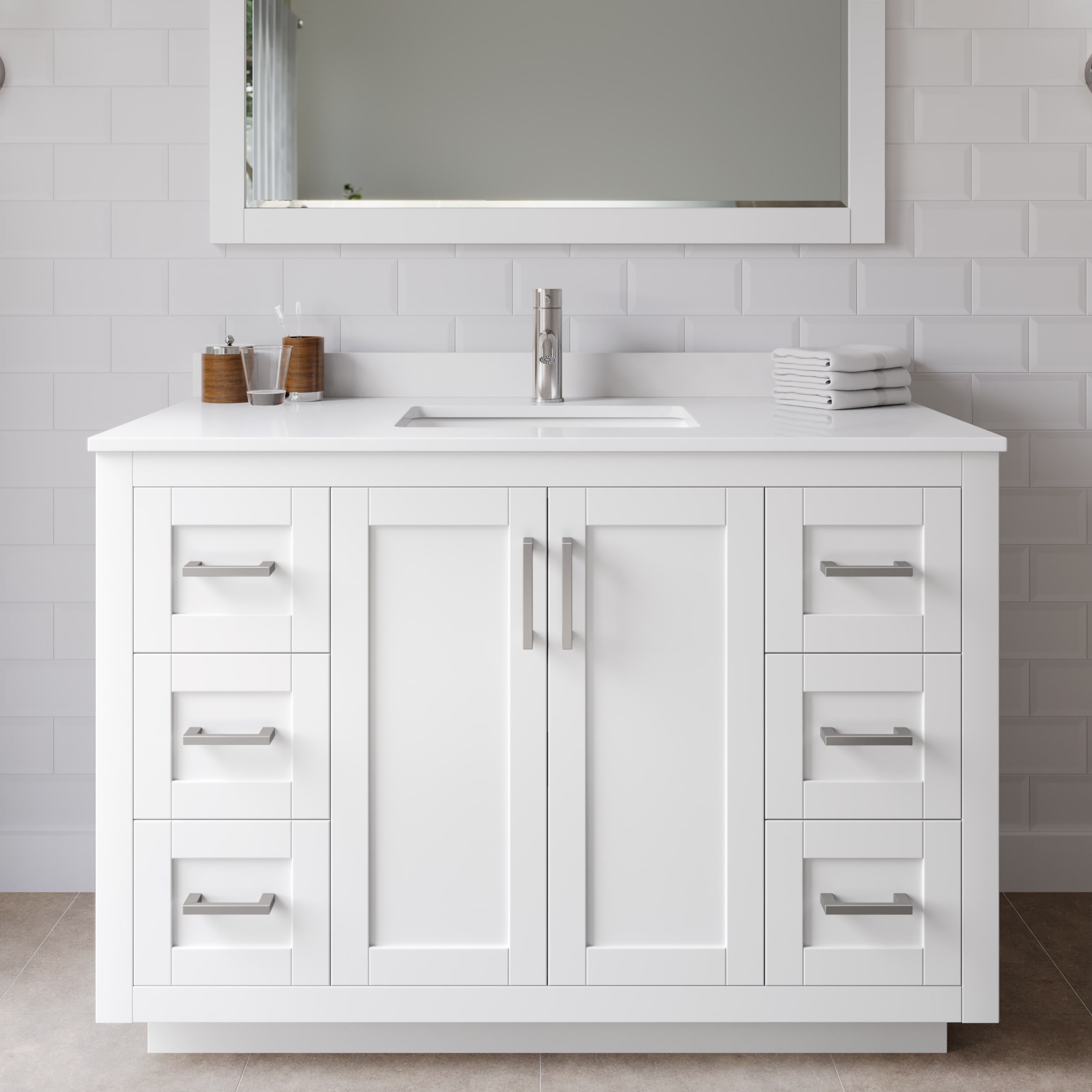 Wyndham Collection WCF292948SWHWCUNSMXX Miranda 48-in White with Brushed Nickel Trim Undermount Single sink Bathroom Vanity with White Cultured Marble Cultured marble Top