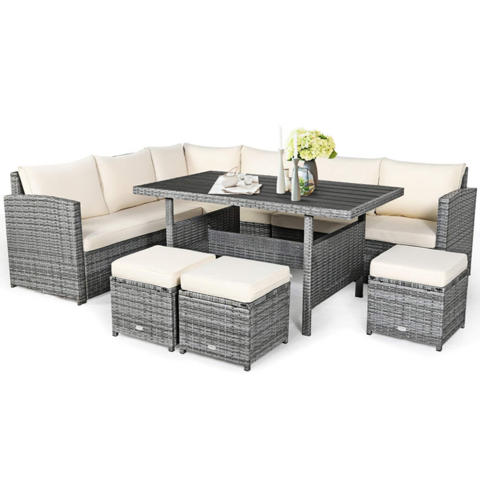 Mondawe MO-19014BG-NY Rattan Outdoor Sectional with Beige Cushions and Steel Frame