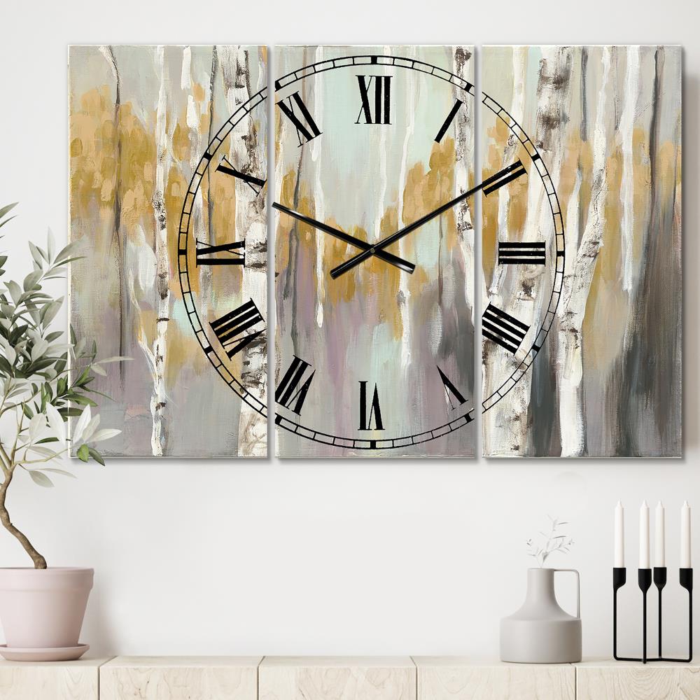 'Silver and Yellow Birch Forest II' Farmhouse Wall Clock - Brown Metal Rectangle Indoor Clock with Roman Numerals | - Designart CLM30108-3P