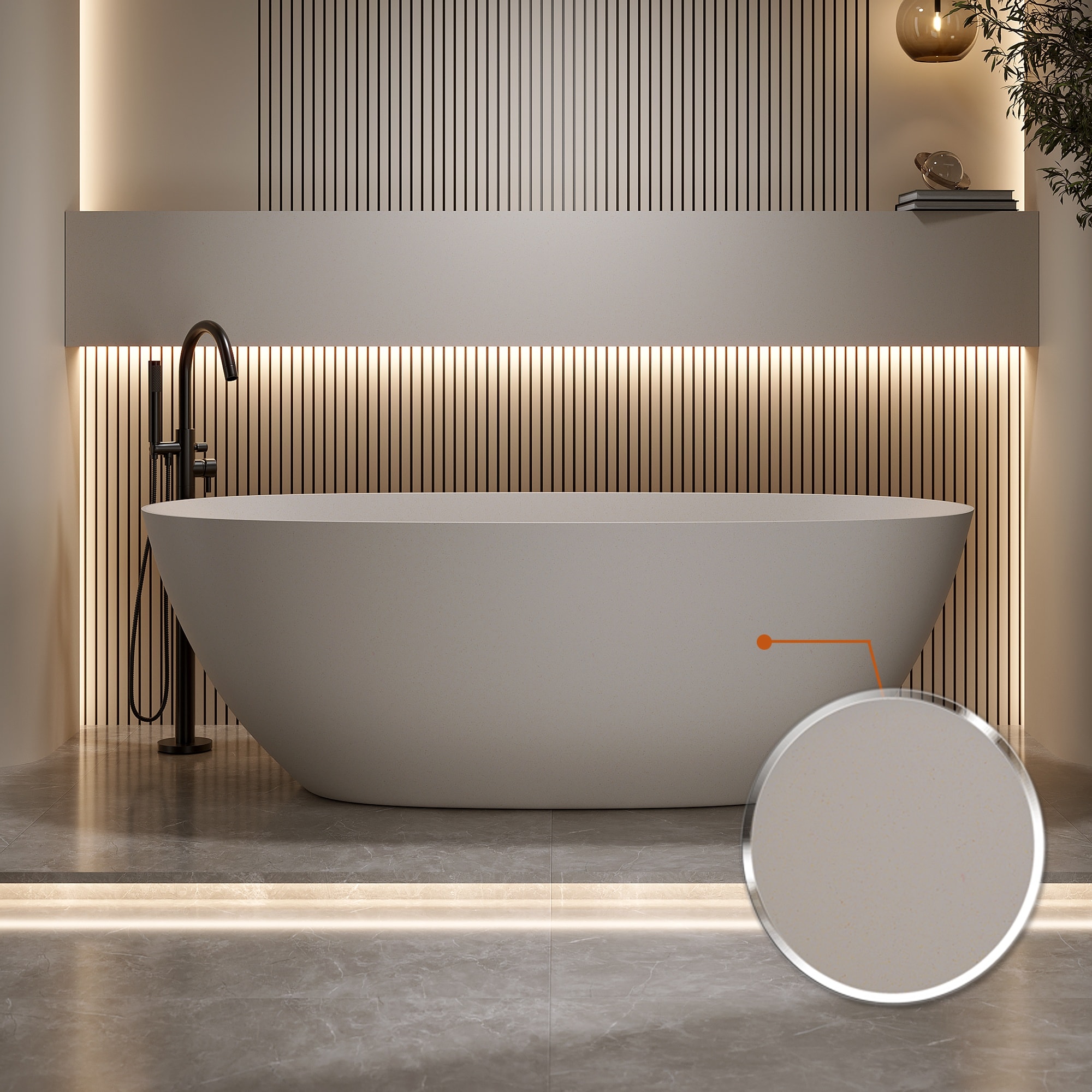 Vorene 61-in Freestanding Stone Resin Soaking Bathtub Solid Surface with Overflow Pop-up Drain